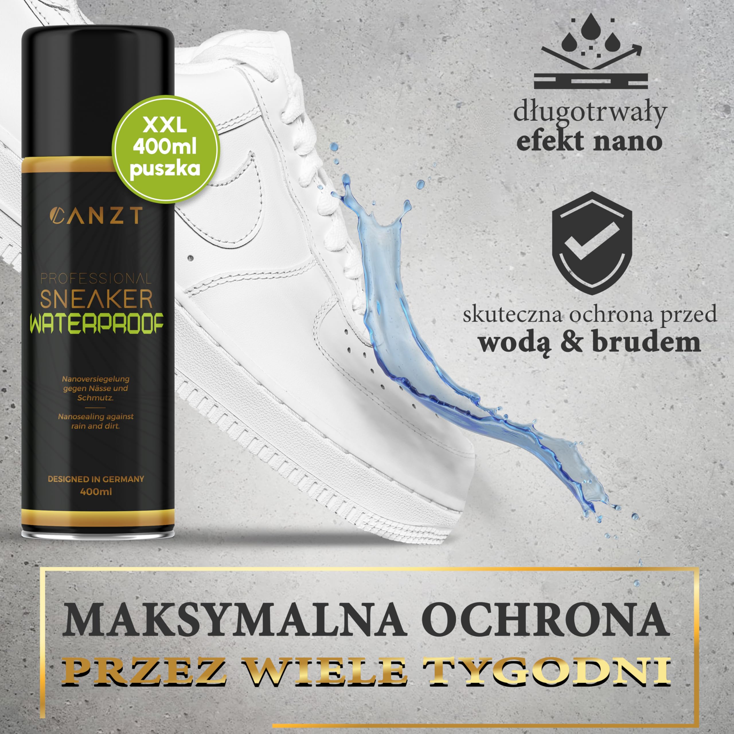 Canzt Impregnat do Butów 400 ml – Spray Ochronny do Skóry, Zamszu, Nubuku i Tkanin – Wodoodporny i Oddychający Preparat do Sneakersów i Obuwia Outdoorowego