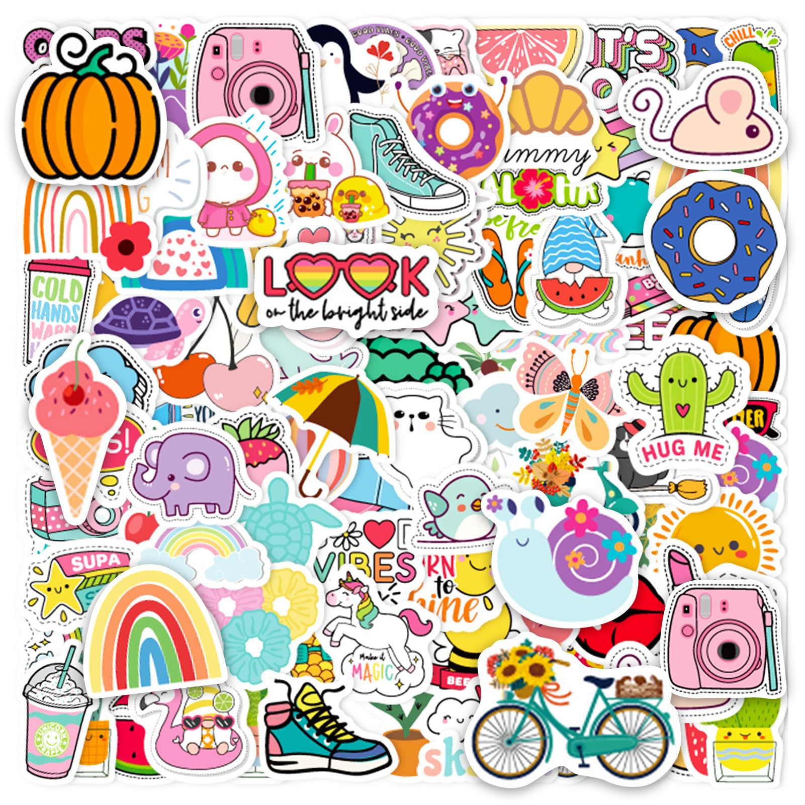 100Pcs Colourful Cute Stickers, Waterproof Kawaii Stickers Aesthetic Personalised Vinyl Sticker, Cartoon Water Bottle Sticker for Laptop, Skateboard, Scrapbook, Luggage, Car Decals, Suitcase, Guitar