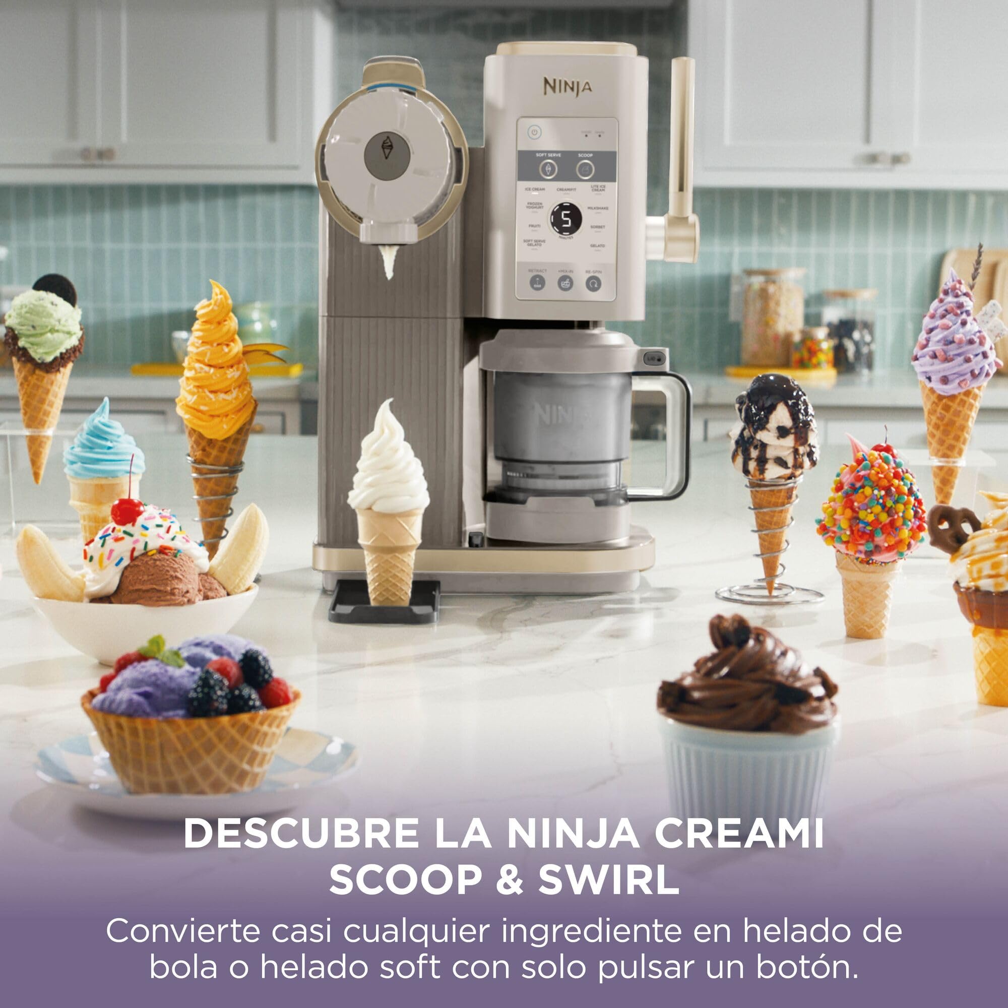 Ninja CREAMi Scoop & Swirl La heladera con 2 tarrinas y 13 funciones prepara helados, helados cremosos, gelatos, batidos y más, y cuenta con la opción de añadir extras, piedra/dorado, NC701EUSTGD
