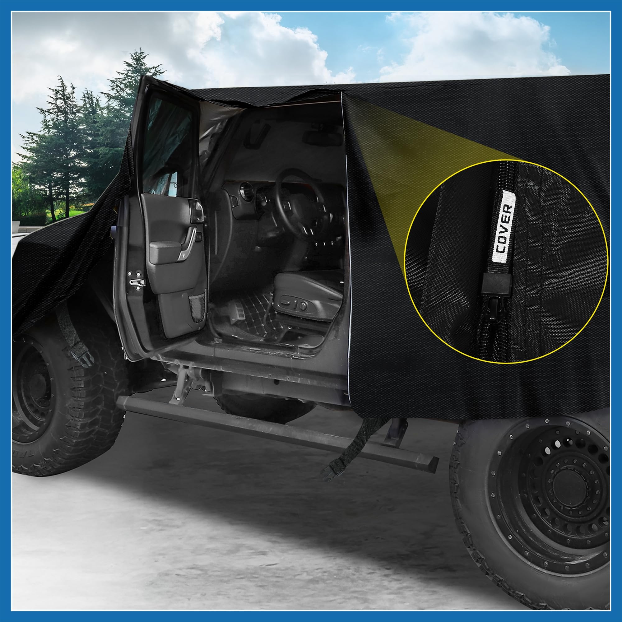 A ABSOPRO Autoabdeckung SUV Autoplane Outdoor Vollgarage Auto Abdeckplane für Jeep Wrangler JK JL Hardtop 2 Tür Schwarz Artikelaustausch