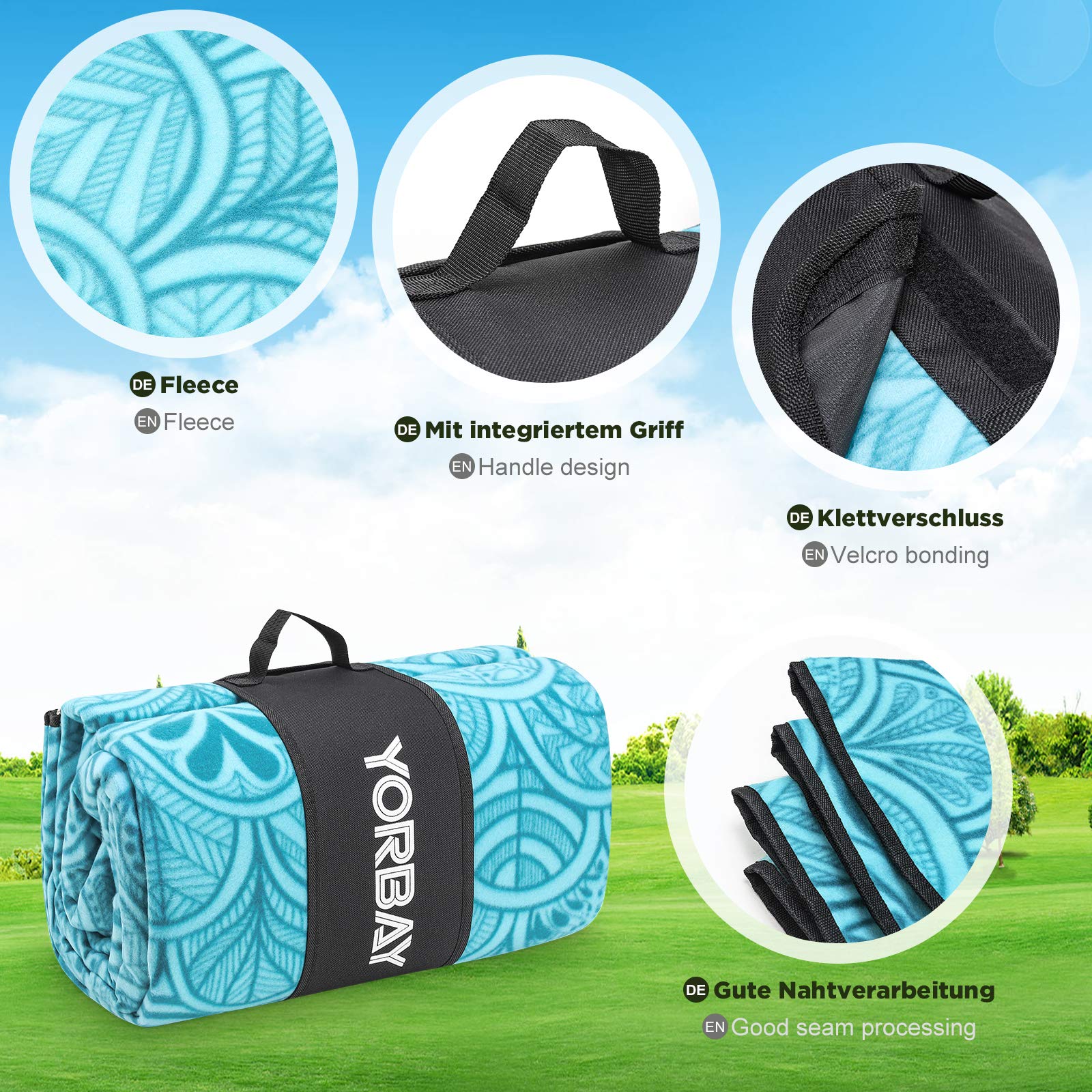 Yorbay Picknickkleed 200 x 200 cm XXL fleece waterdicht deken