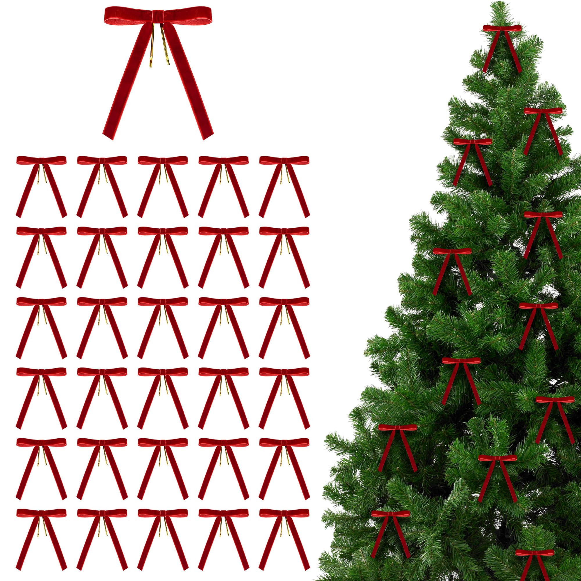 Tinsel Town Red 30Pc Velvet Christmas Tree Bow Decorations - Vintage Velvet Christmas Bows For Wreaths - Traditional Vintage Xmas Wreath Decor Or Xmas Tree Decorations