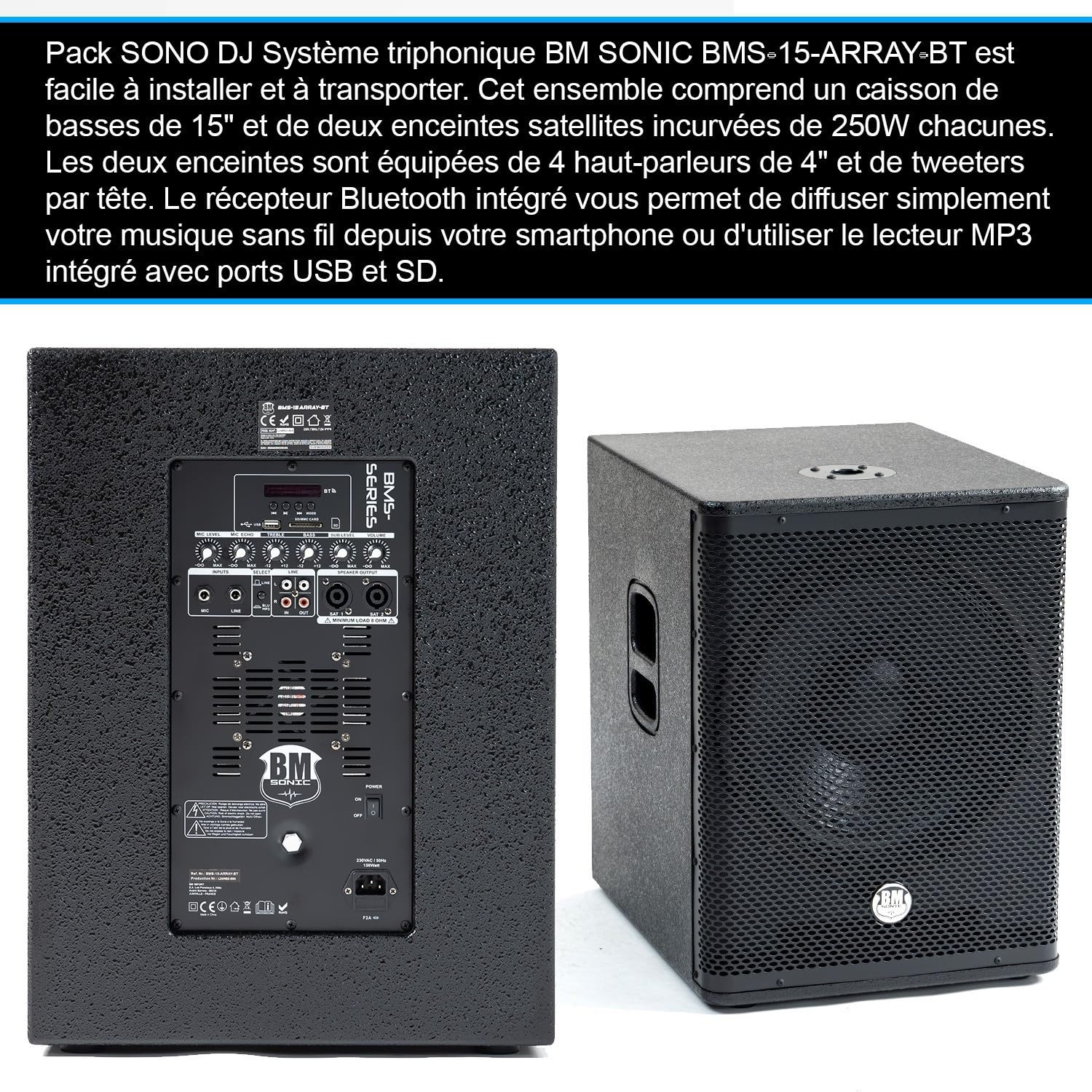 Pack Sonorisation DJ Complet BM Bmsonic BMS-15-ARRAY-BT, 1200W, Enceintes Satellites, Caisson 38cm USB/Bluetooth, Supports Câbles