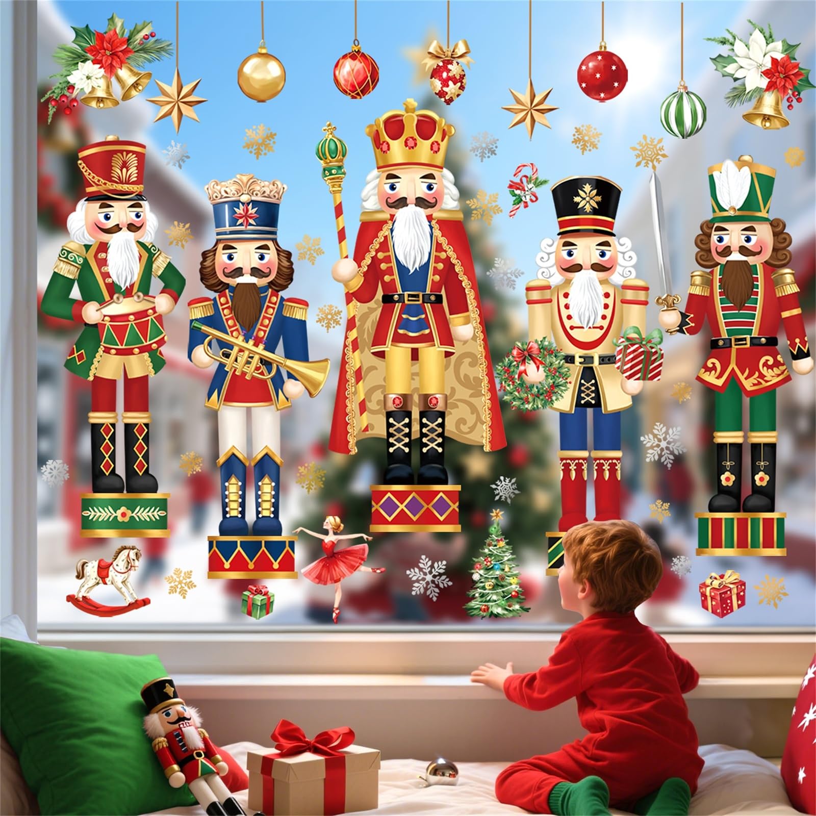 decalmile Christmas Nutcracker Soldiers Gold Double Sided Window Clings Reusable Xmas Tree Ball Snowflake Anti-Collision Glass Doors Window Stickers Decals