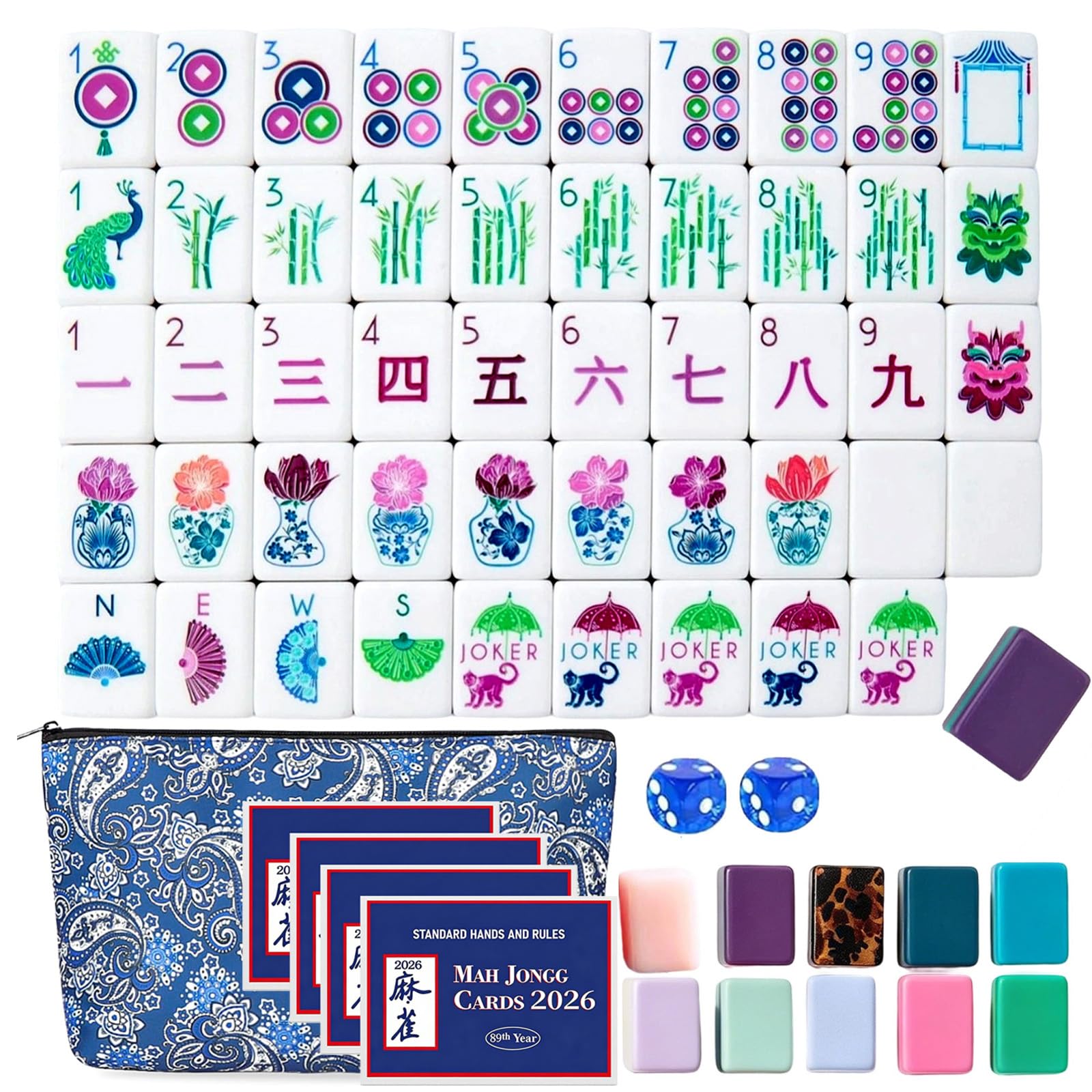 4-warstwowe kamienie mahjong, różne wzory – 160-częściowy zestaw z akrylu do amerykańskiego mahjonga, grawerowane kamienie ze szlachetną torbą do noszenia, przejrzysty grawerunek, idealny do domu
