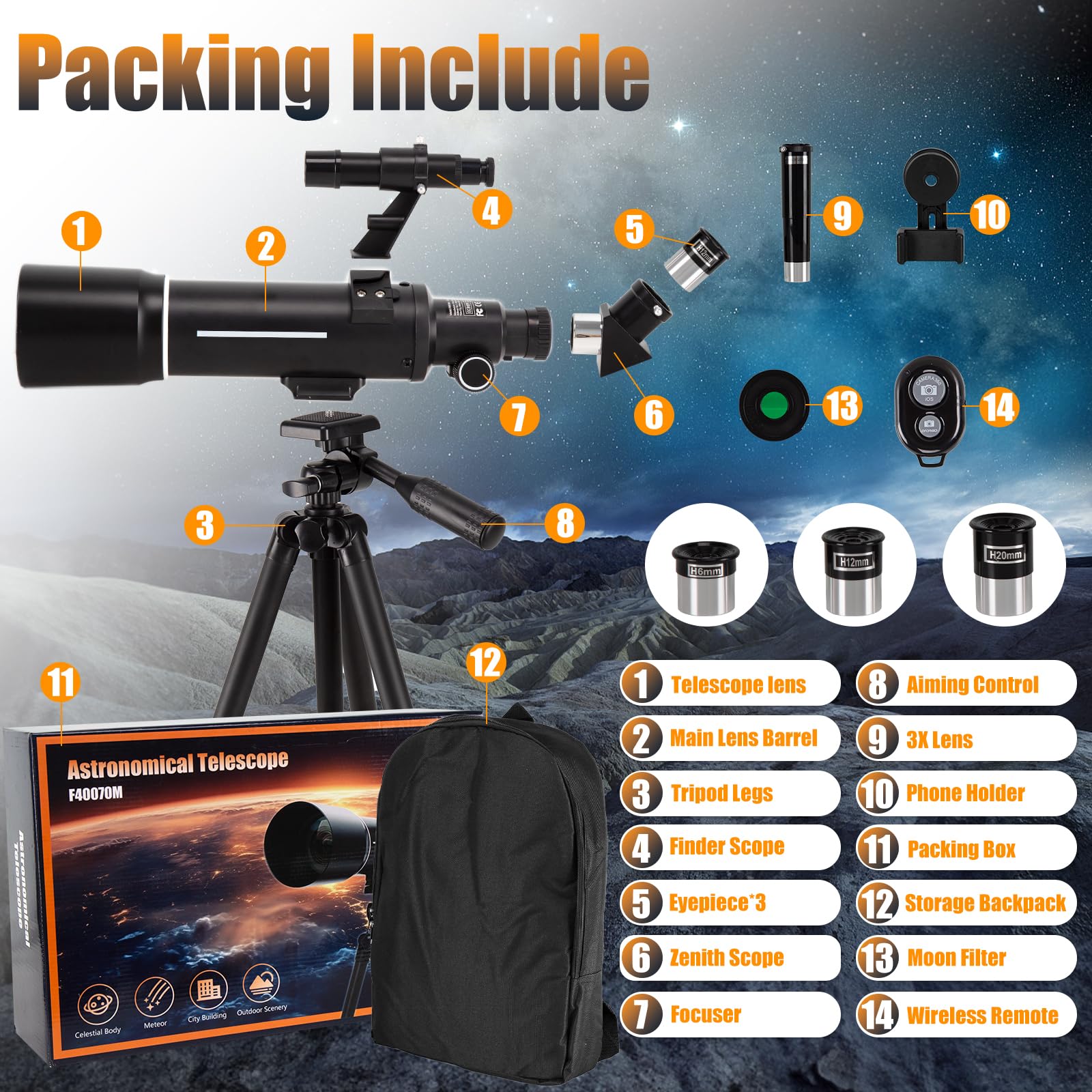 Teleskop Astronomiczny 500/70mm, 200x, ze statywem, adapter do telefonu, filtr księżycowy i 3 okulary, dla początkujących i dzieci