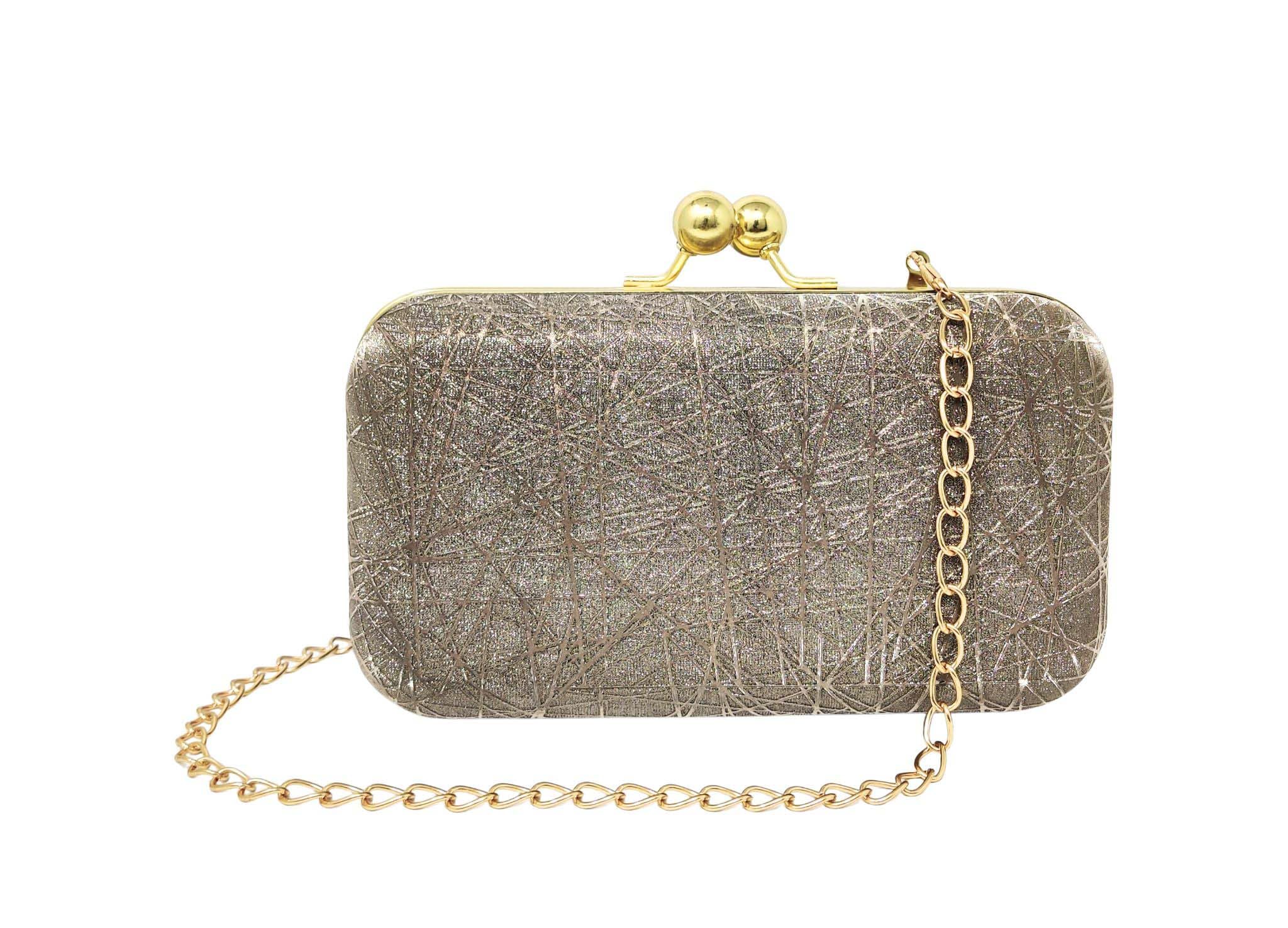 Evening Clutch Purse with Detachable Gold Chain, Glitter Texture, Kiss-Lock Closure, for Girls and Women
