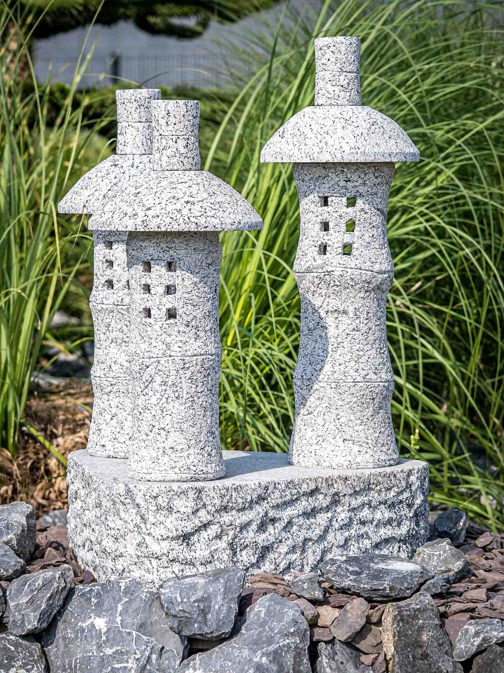 IDYL Lampion granitowy Fuji 3-krotny domek bambusowy | odporny na mróz | wysokość 85 cm | szary | ręczne wykonanie | azjatycka dekoracja do ogrodu – stawu – jako oświetlenie drogi | nadaje się do oświetlenia