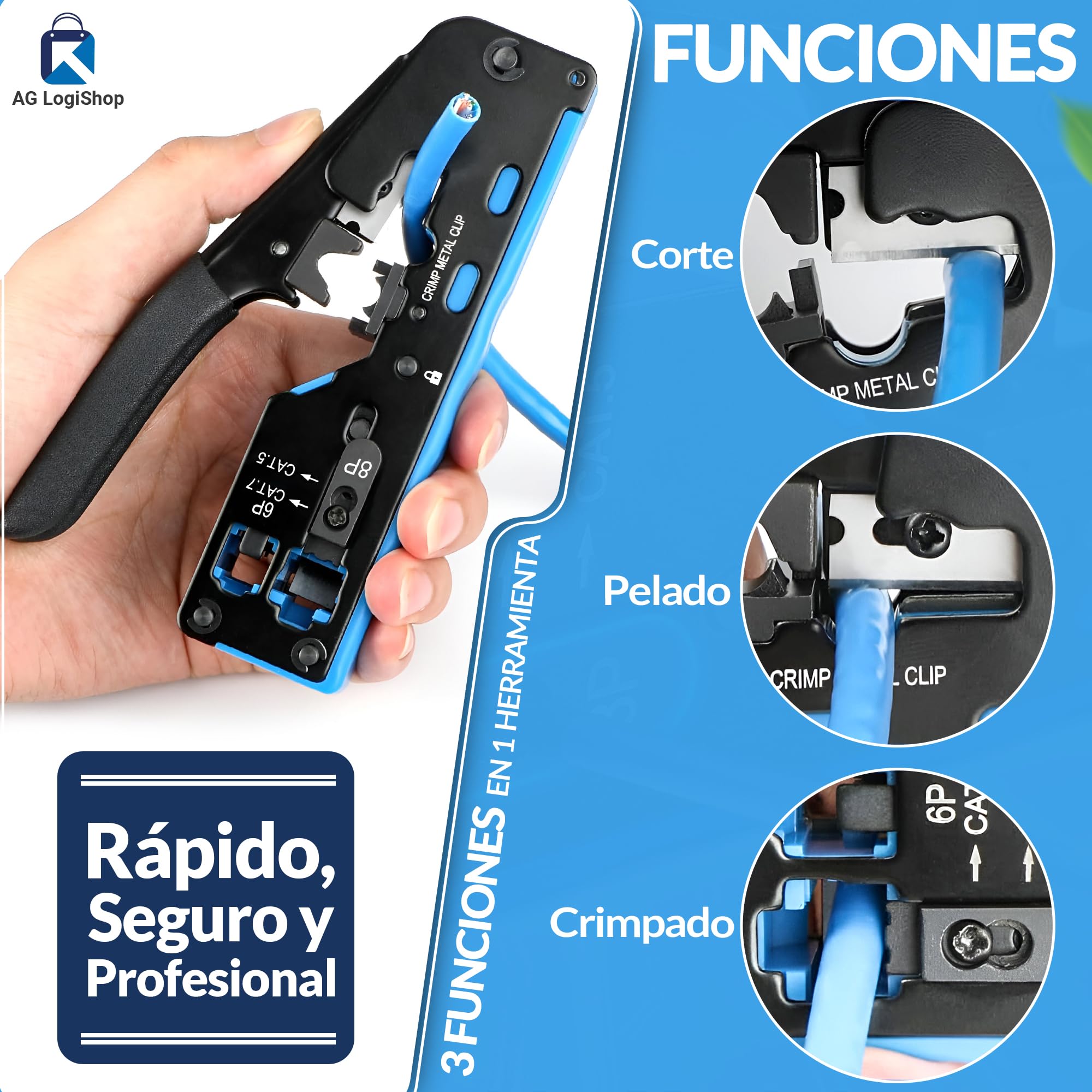 AG LogiShop Kit Herramienta de Crimpado RJ45 + Alicates + Pelacables + Comprobador de Conexión + 50pc Conectores + 50pc Fundas + Bolsa de Almacenamiento | Cat5/5e/6/7 + 6P/8P