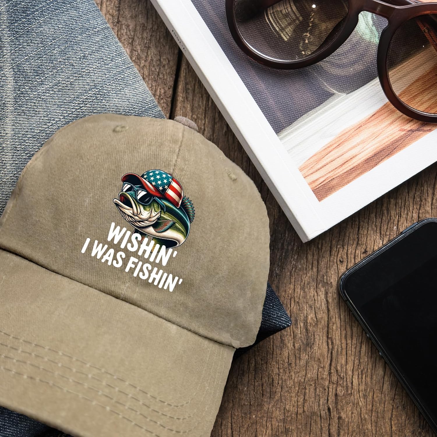 Funny Fishing Theme Hats Wishing I was Fishing Printed Cotton Adjustable Baseball Caps Vintage Distressed Washed Khaki Baseball Hats Funny Birthday Gifts for Men Dad Friend Fisher Coworker - Image 6
