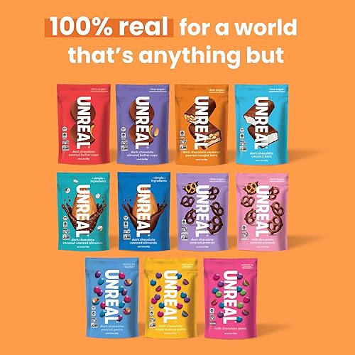 Miniatura 6 de UNREAL Barras de turrón de cacahuete con caramelo y chocolate oscuro, 70% ingredientes orgánicos, comercio justo, sin OMG, sin jarabe de maíz,