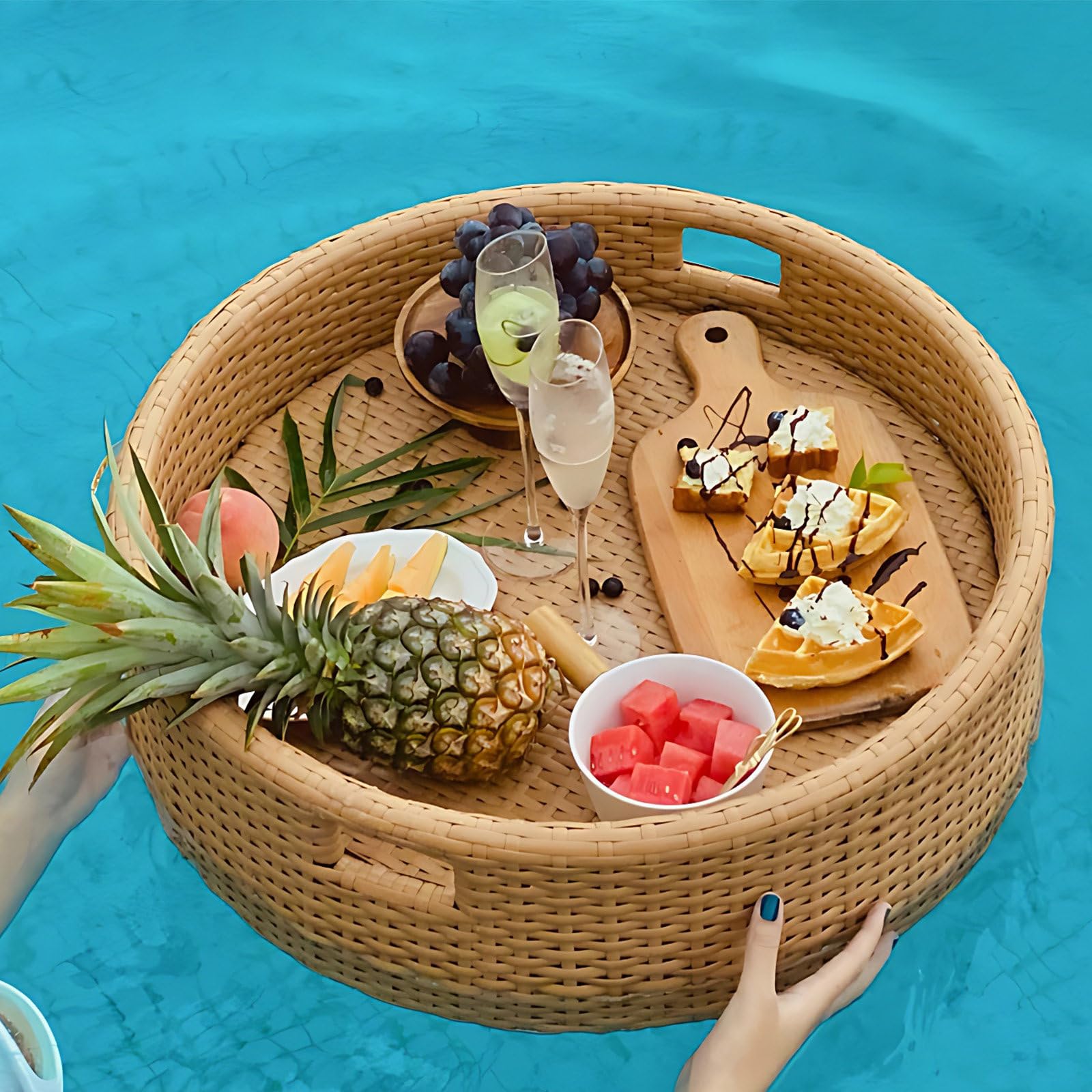 Prettiee Floating Serving Tray for Drin & ac Ideal for Poolside Hot Tub & Beach Parties Lightweight Waterproof Perfect for Entertaining (Apricot A)