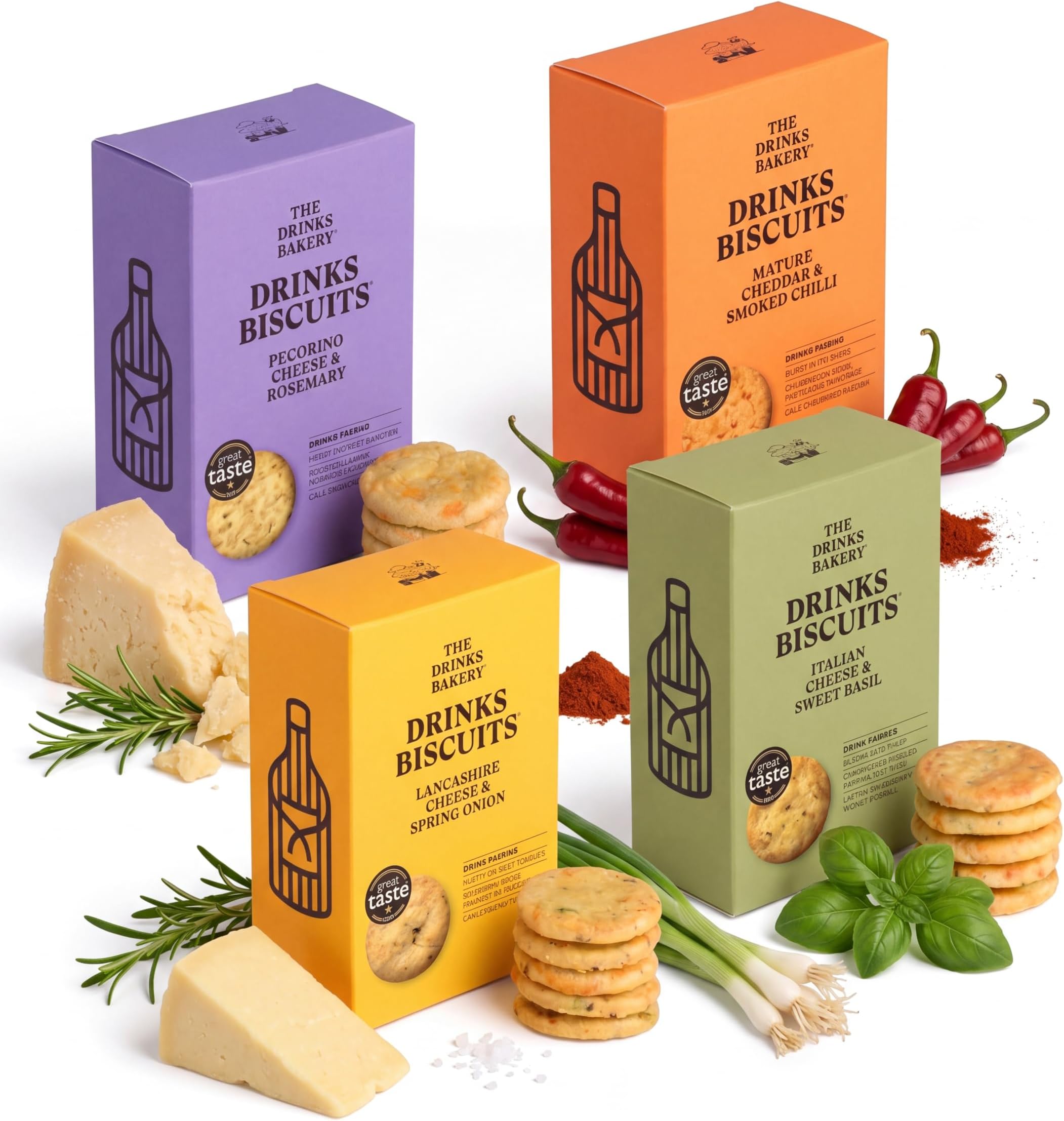 The Drinks Bakery Discerning Drinker’s Gift Set - Luxury Biscuits Expertly Paired with Drinks - Award-Winning Savory Snacks as Seen on Dragons’ Den - Made in Scotland - 4 x 110g Pack.