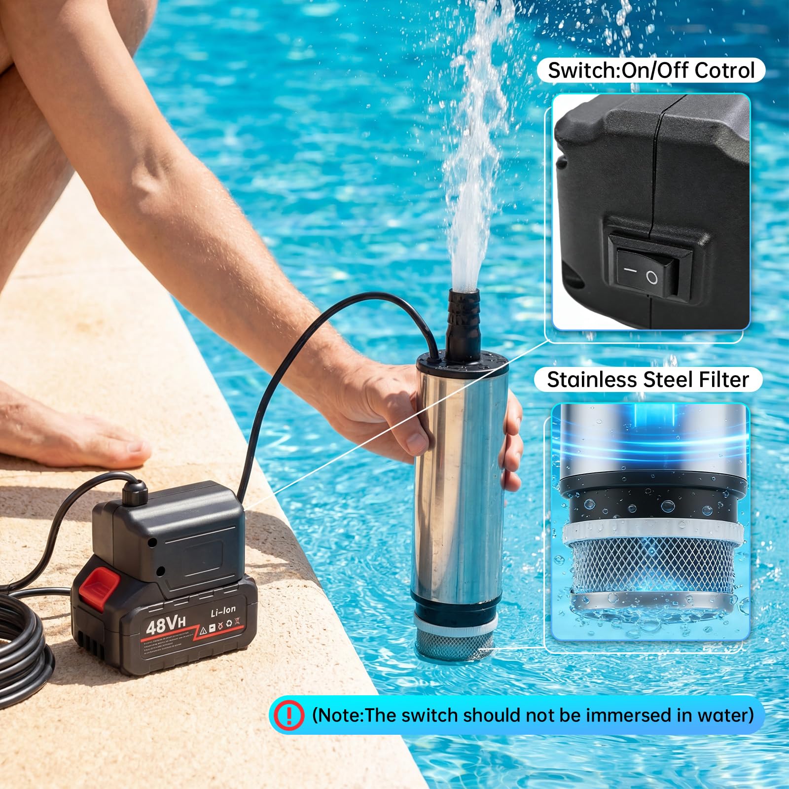 Pompe à eau portable 2 en 1, 30 l/min - Pompe submersible avec câble de 3 m et raccord de 50 mm pour jardin, voiture, piscine, camping, cave, étang