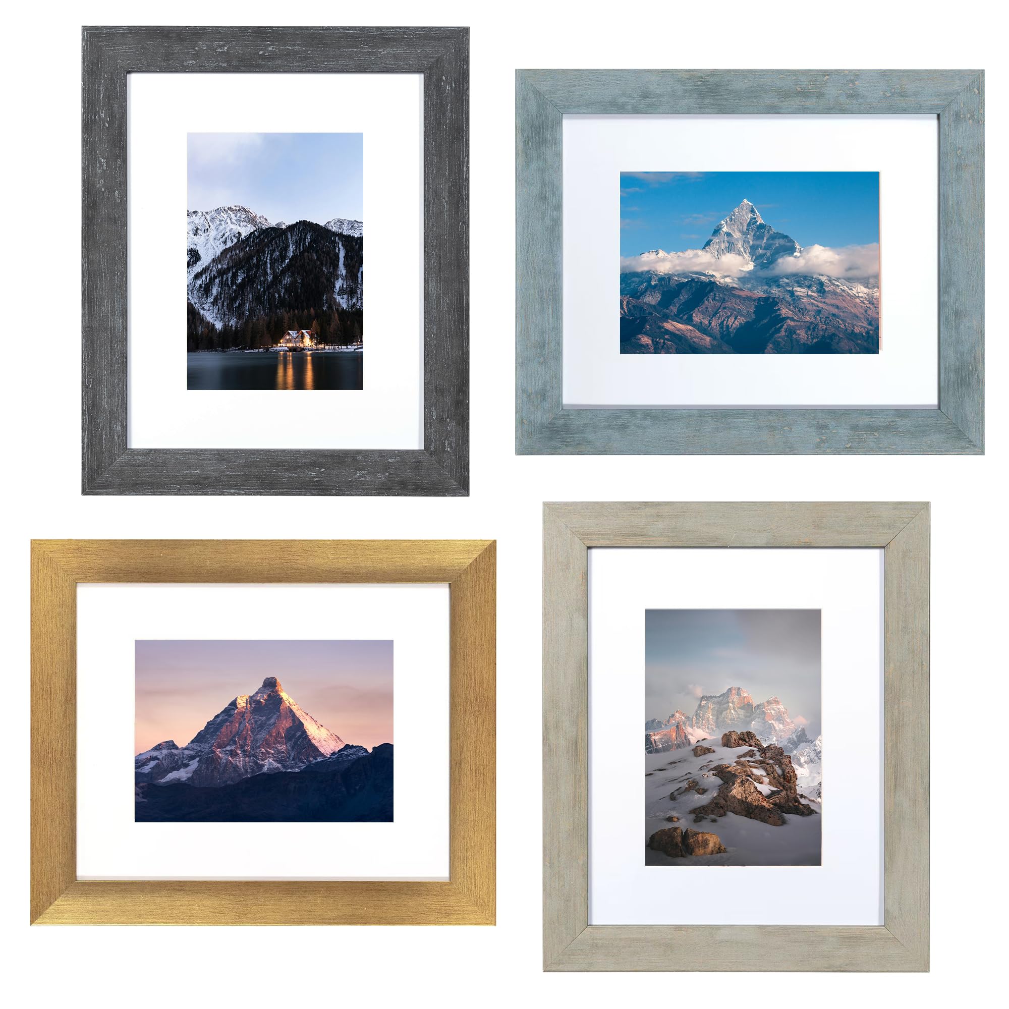 KAIWIN Premium 8x10 Picture Frames Set of 4, Rustic Photo Frame 5x7 with Mat, Multicolor Frames Great for Gift, Wall Mounting & Tabletop Display
