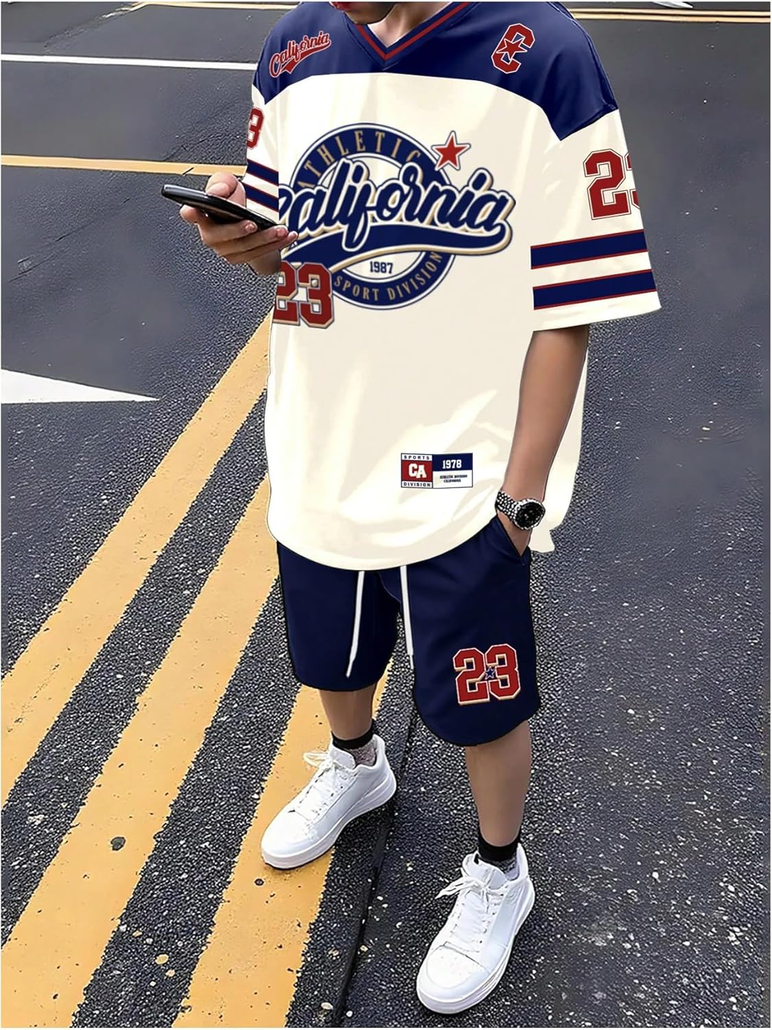 GORGLITTER Men's 2 Piece Short Set V Neck Jersey Top Casual Summer Outfits Oversized Graphic T Shirt and Shorts Tracksuit Set