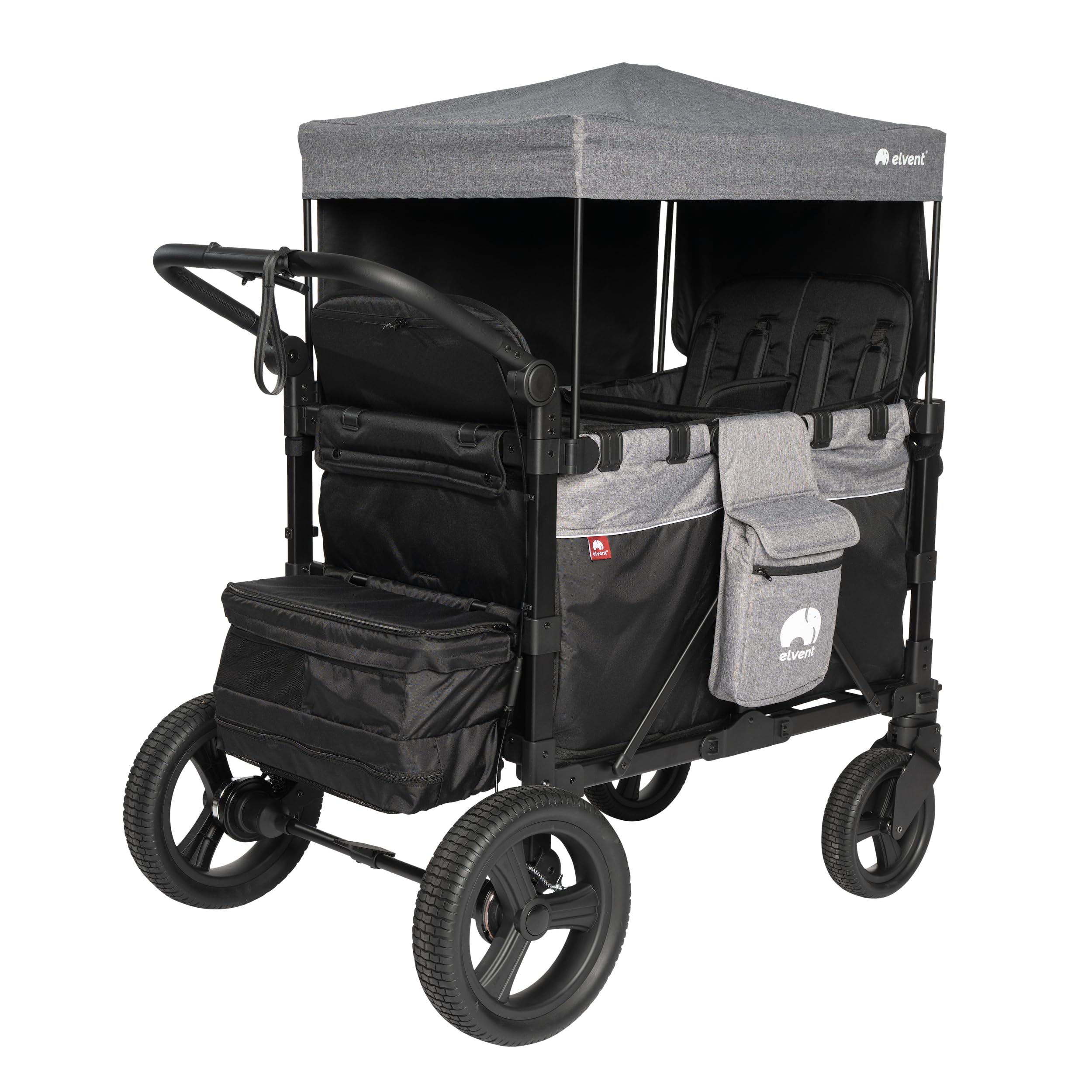 elvent® FlexProfessional 4 Bollerwagen 4-Sitzer | TÜV-Zertifiziert I Handwagen faltbar mit Dach, 5-Punkt-Gurt, Feststellbremse, 100 kg | Kita & Tagespflege (Grau)