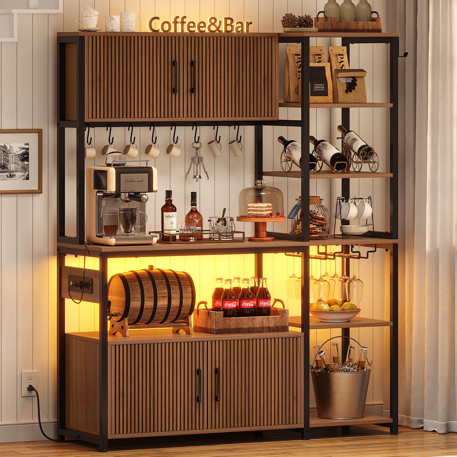 Itaar Fluted Bakers Rack with Storage and LED Light, 45.3 Inch Coffee Bar Cabinet, Microwave Stand with Storage, Goblet Holder and 8 Hooks for Kitchen, Living Room
