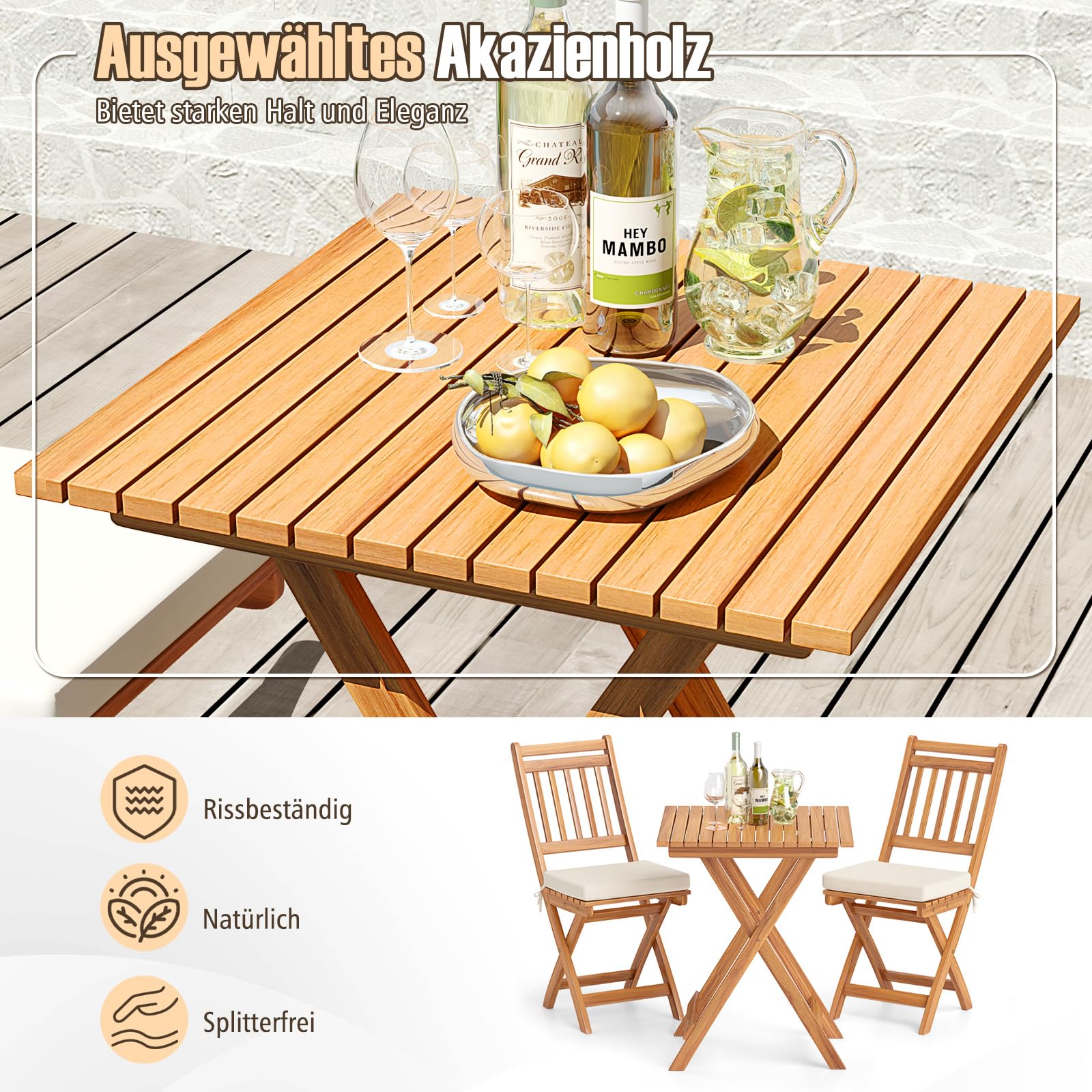 COSTWAY 3tlg. Balkonmöbel Set, Bistrotisch mit 2 Stühlen, klappbares Balkonset aus Akazienholz mit 2 Kissen, Bistroset, Gartengarnitur, Gartenmöbel, Sitzgruppe für Balkon, Garten (Vertikal)