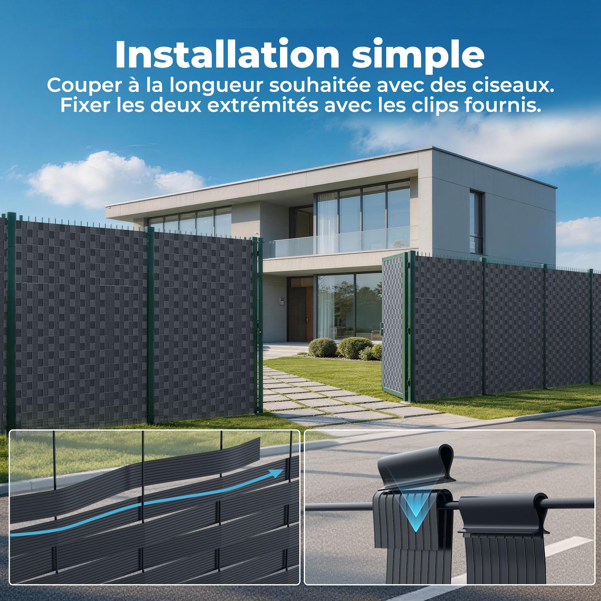 Kit Lamelles Occultantes PVC 4,7cmx75m - Bande Brise Vue Jardin Souple et Résistante avec 150 Clips - Installation Horizontale ou Verticale pour Panneau Grillagé et Clôture Rigide Anthracite -RAL7016