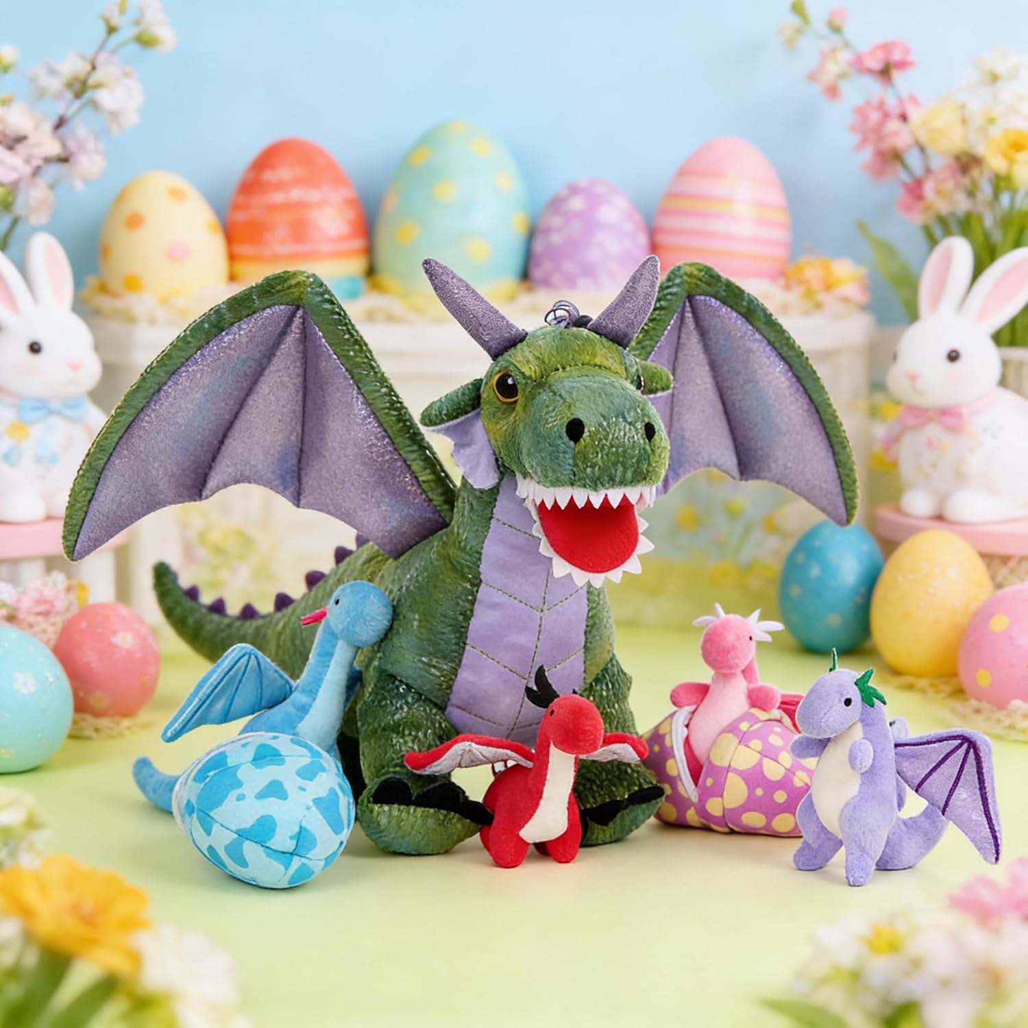 MaoGoLan 7 Pcs Dragon Plush Toy Set for Kid, 22 inch, Large Dragon Stuffed Animal with 4 Babies and 2 Eggs in Mom's Belly,Dinosaur Plush Gifts for Boy Girl Birthday Easter Party Decor Green