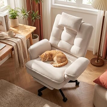 Criss Cross Office Chair with Foot Rest, Big and Tall Criss Cross Chair with Flip-Up Arms and Headrest, 135 Reclining Swivel Velvet Cross Legged Office Chair with Wheels, Cloud Chair for Home Beige