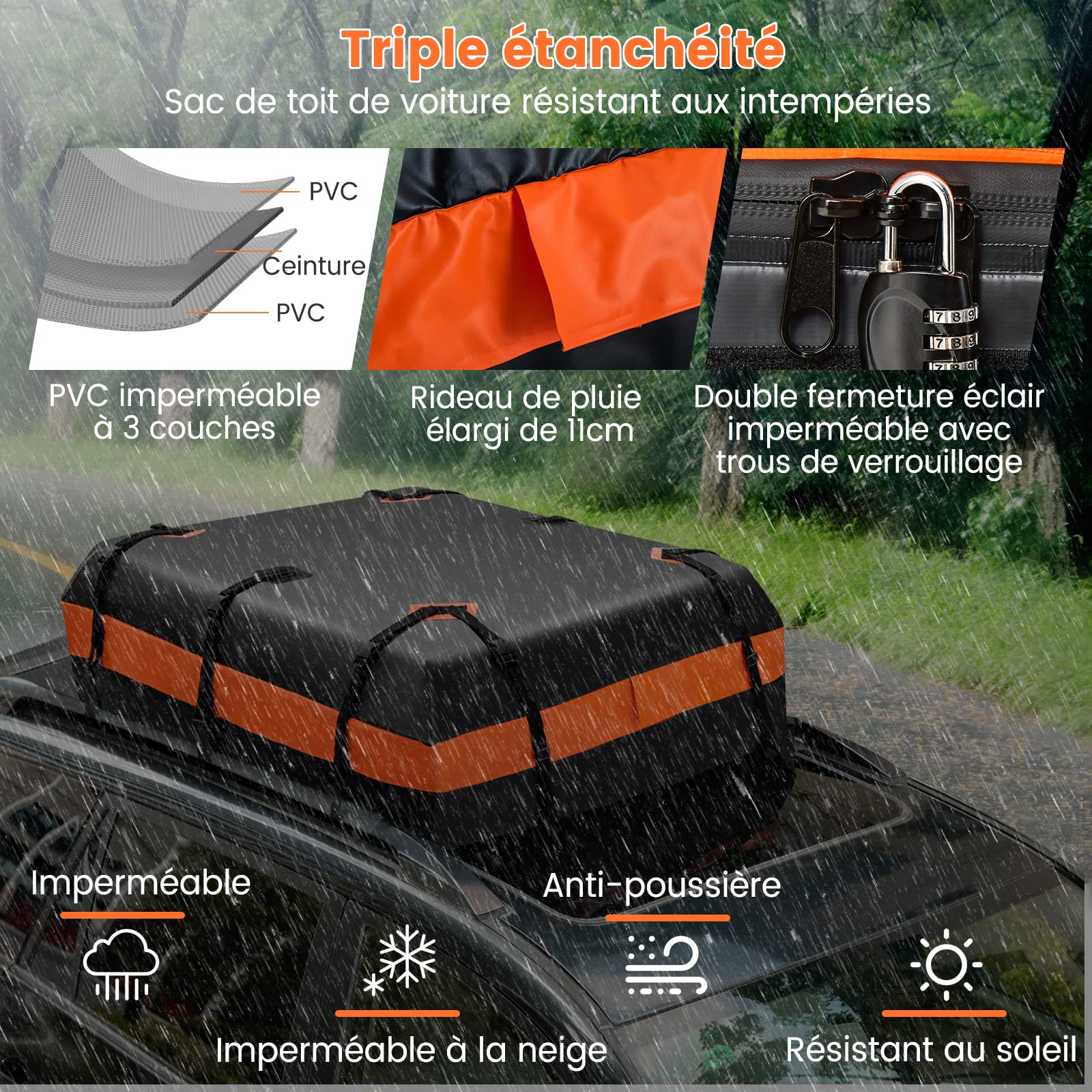 COSTWAY Coffre de Toit Voiture Étanche 424 L avec 10 Sangles 6 Crochets de Porte, Sac à Bagages avec Serrure à Combinaison Tapis Antidérapant Sac de Rangement pour Tous Véhicules