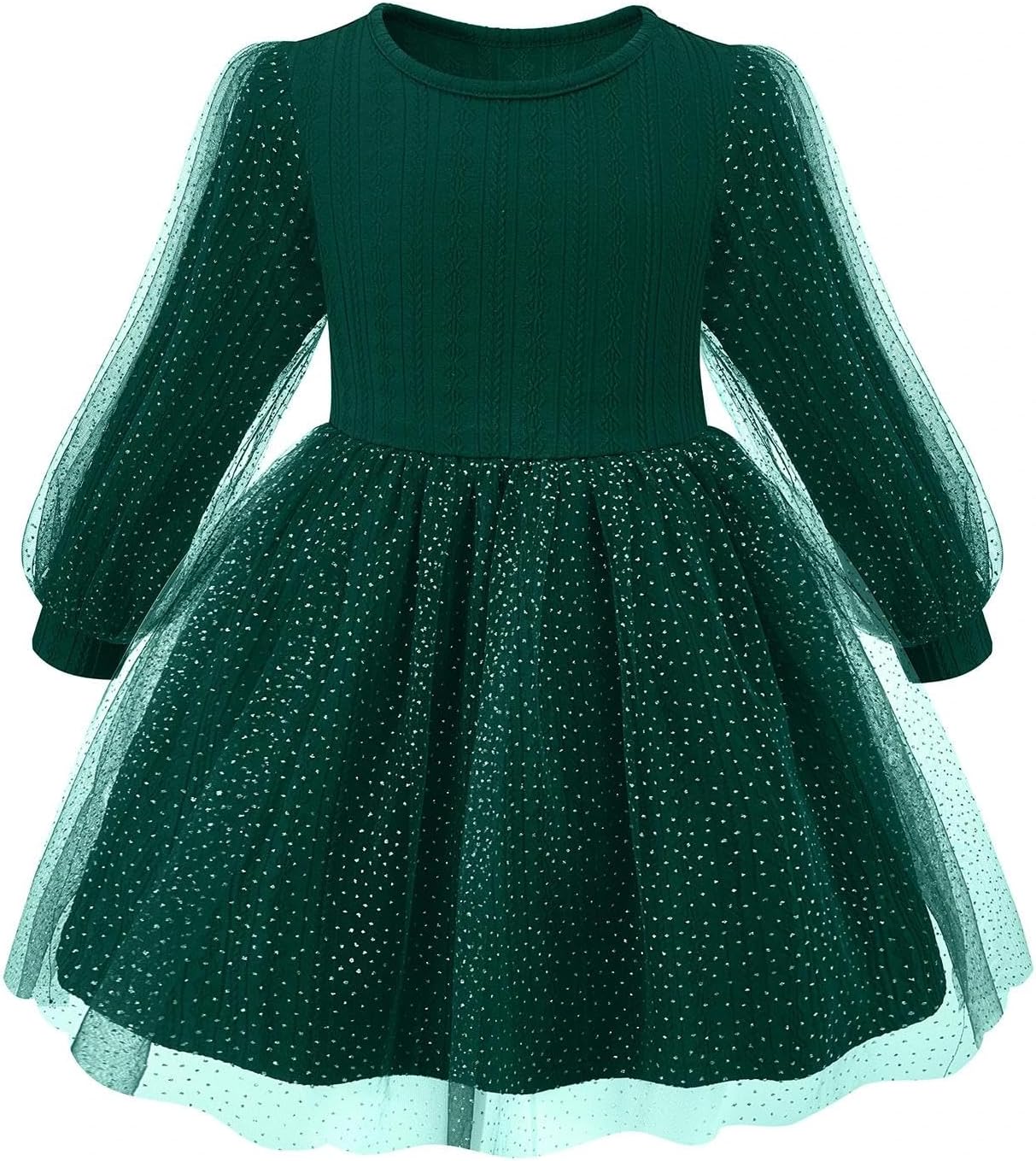 Little Bitty Girls Long Sleeve A-Line Tulle Princess Dress, Midi Length Casual Party Ribbed Knit Top Tulle Skirt 4-13 Years