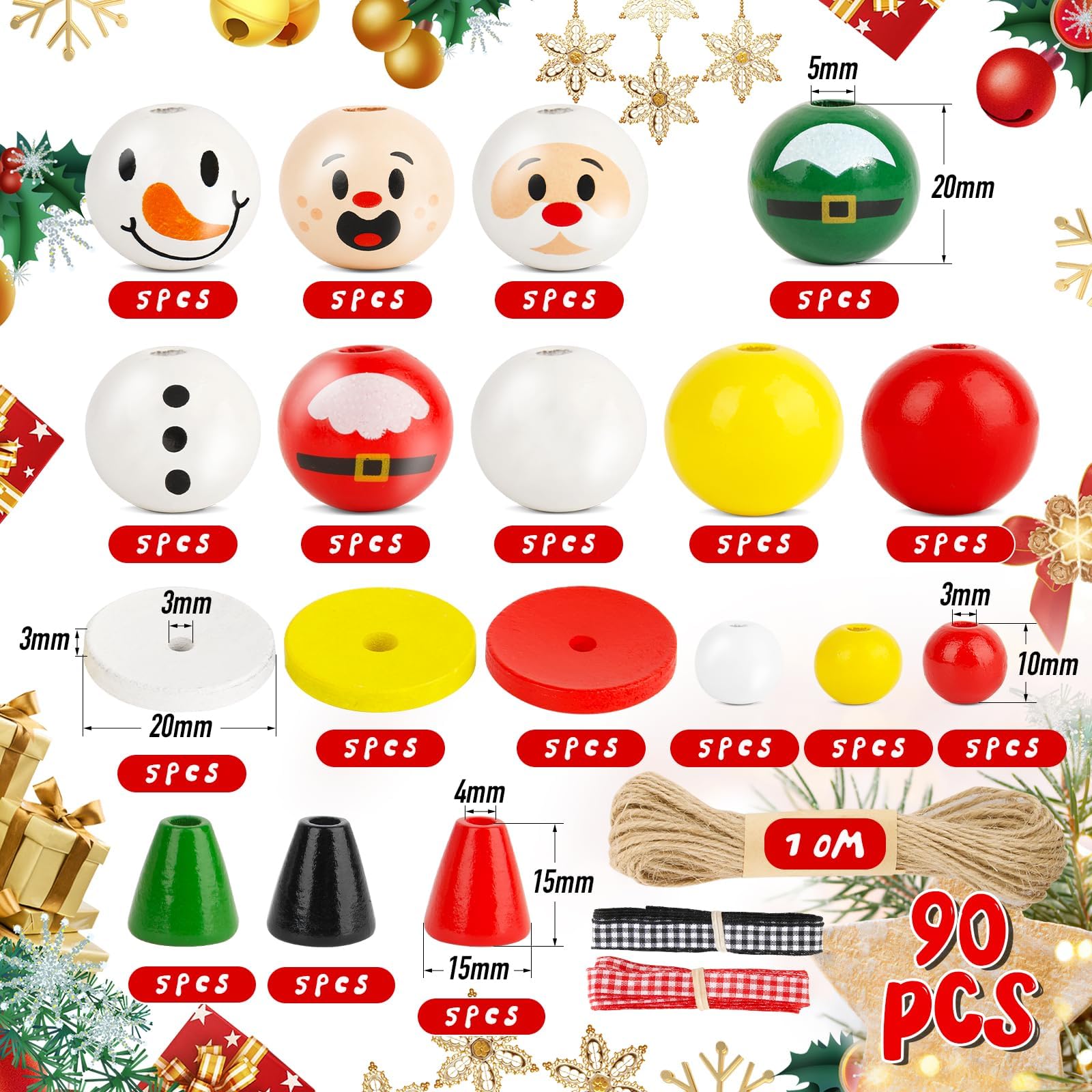 90pcs Perles En Bois De Noël De 10/20mm Décoration De Noël En Bois Perles Rondes En Bois De Noël Avec 10m Ficelle Pour L'Artisanat Décoration De Fête
