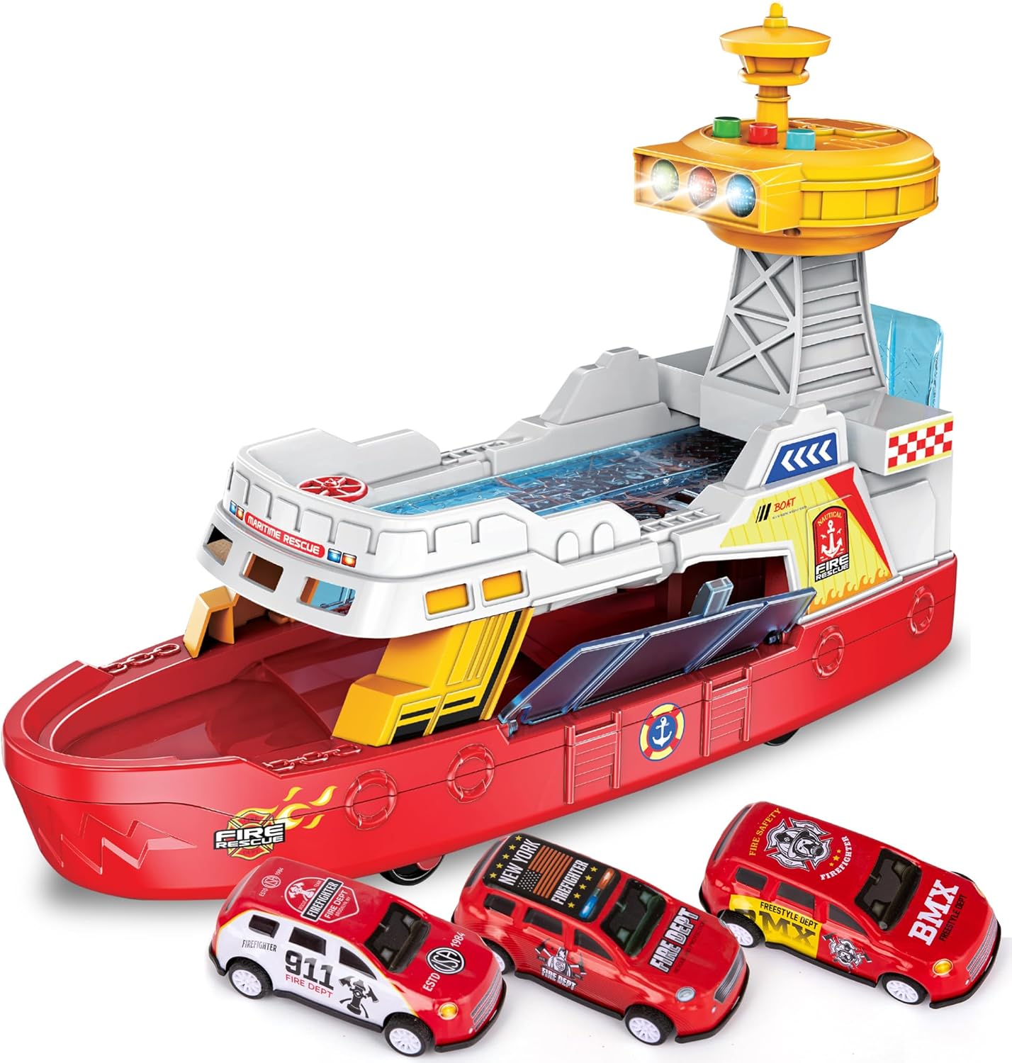 ArtCreativity Light Up Boat Toy with Sounds - Colorful Fire Dept Model Ship with Wheels & 3 Alloy Metal Cars - Kids Ferry Boat for Imaginative Play - Kids Birthday Gift Party Favor