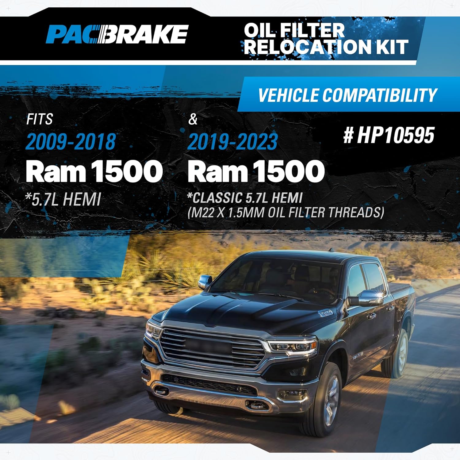 Pacbrake HP10595 Oil Filter Relocation Kit for 2009-2018 RAM 1500 & 2019-2023 Classic 5.7L HEMI, M22 x 1.5mm Threads | Easy Install