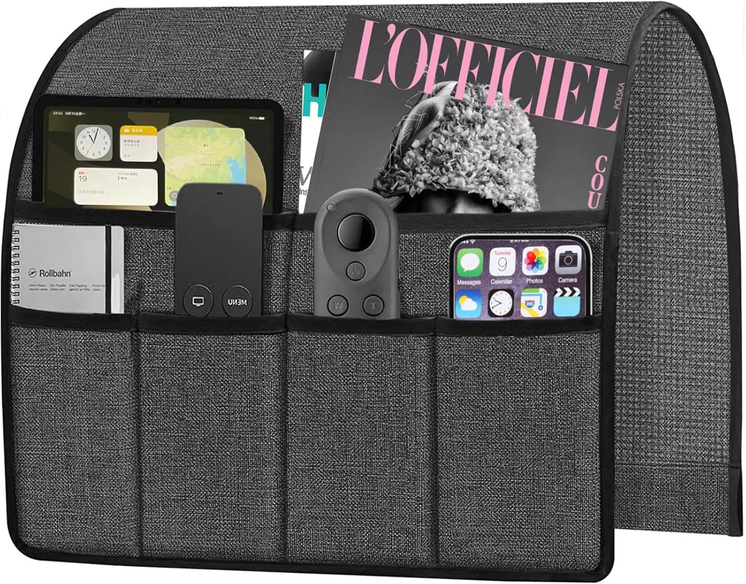 Ntomtuex PU Leather Remote Control Holder for Sofa Armrest Organizer Non-Slip Arm Chair Caddy for Recliner Sofa Caddy Storage with 6 Pockets for Glass Phone TV Remote Control Magazines, Dark Blue