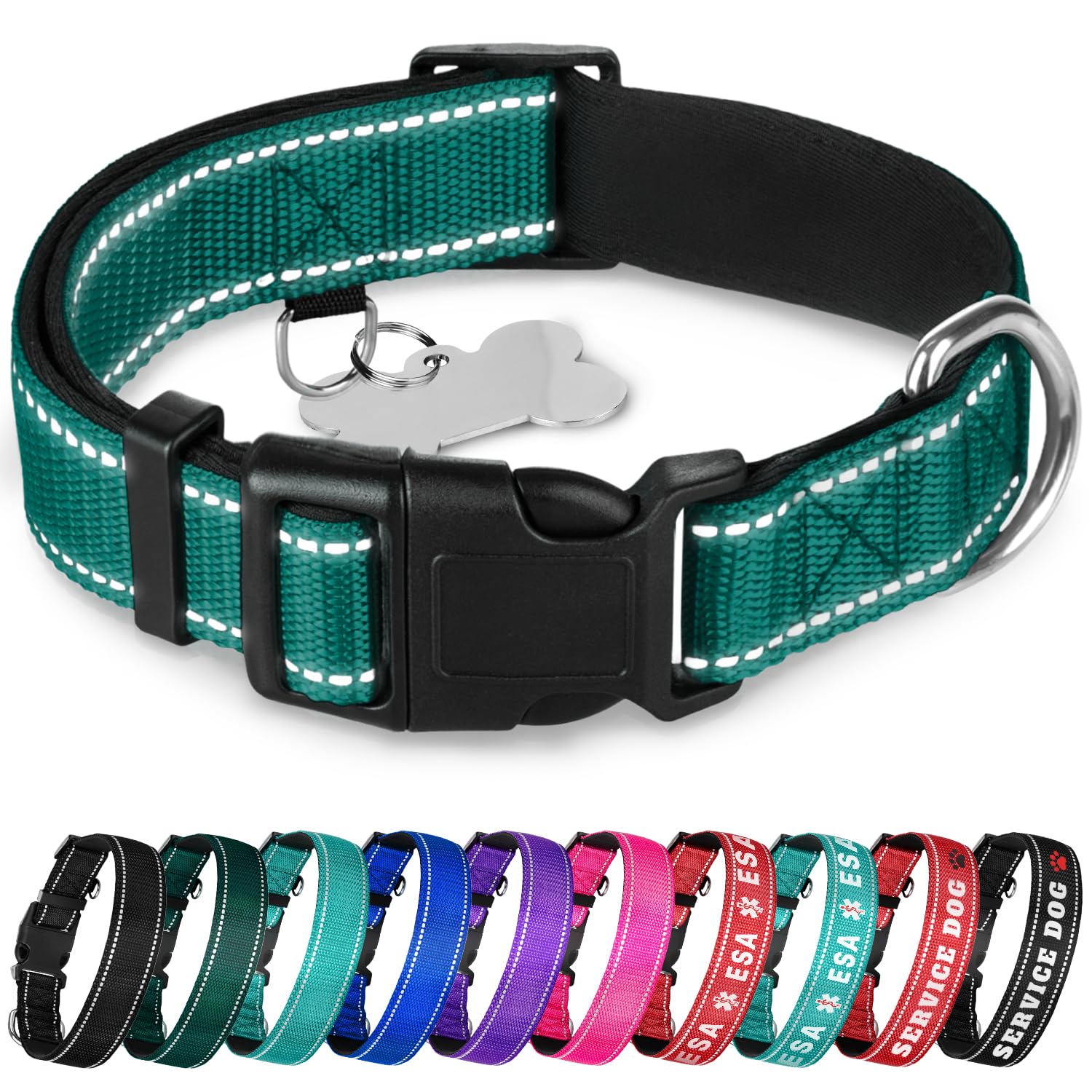 TECEUM Reflective Dog Collar โ Dark Emerald Green โ S โ Extra Soft Padding โ Basic Nylon Pet Collar โ Quick Release Buckle โ Fits Small, Medium and Large Dogs, Puppies, Cats โ image 1