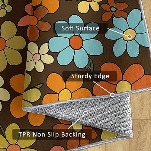 Miniatura 5 de Retro Floral Rugs for Living Room 5x6, 60s 70s Pattern Design Area Rug, Retro Floral Bedroom Decor Carpet, Non Slip, Washable (C47)