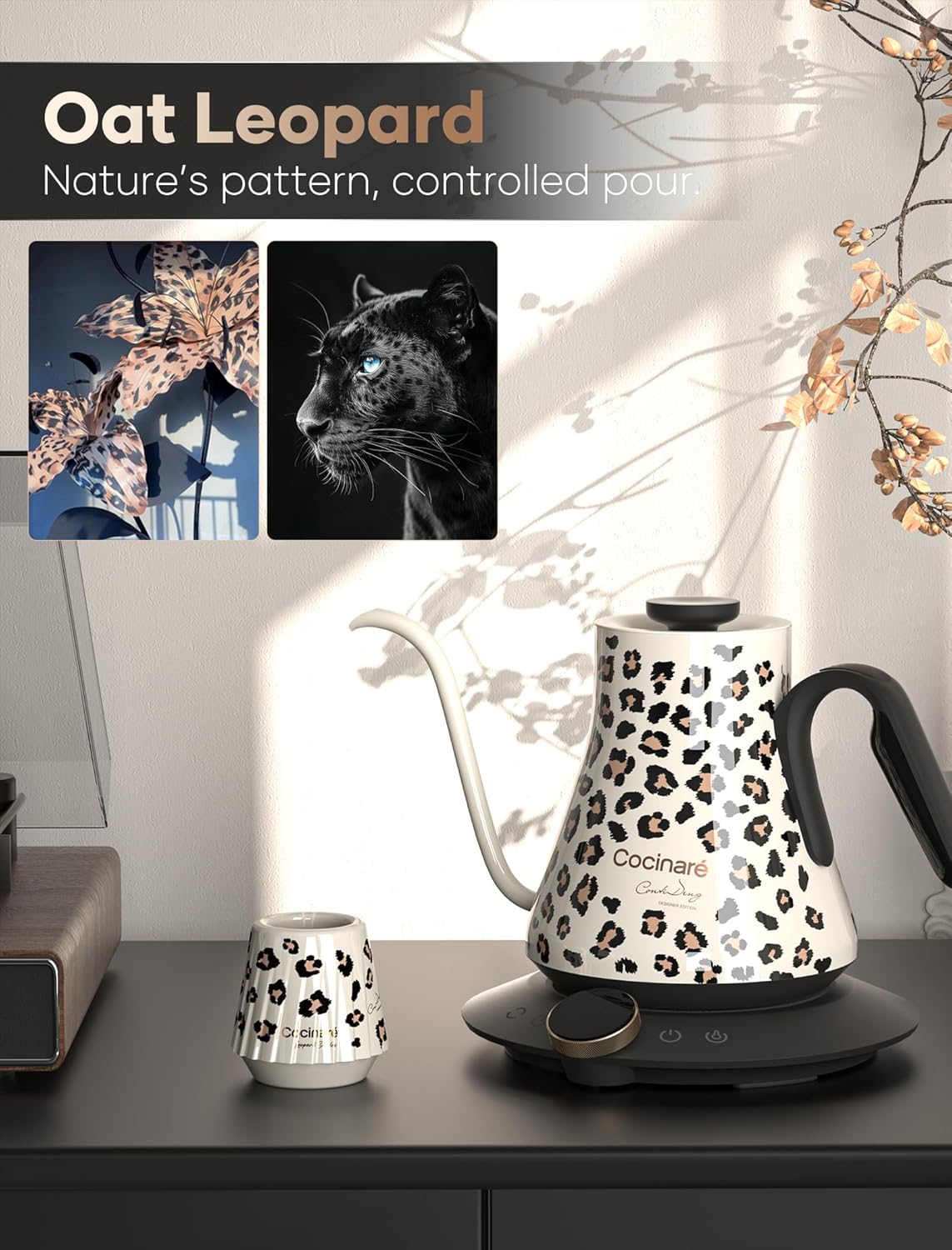 Cocinare Gooseneck Electric Kettle, ±0.5°F Precise Temperature Control, 1500W Fast Heating, Pour-Over Coffee & Tea, Stainless Steel, 0.9L (Color-changing Oat Leopard Design)