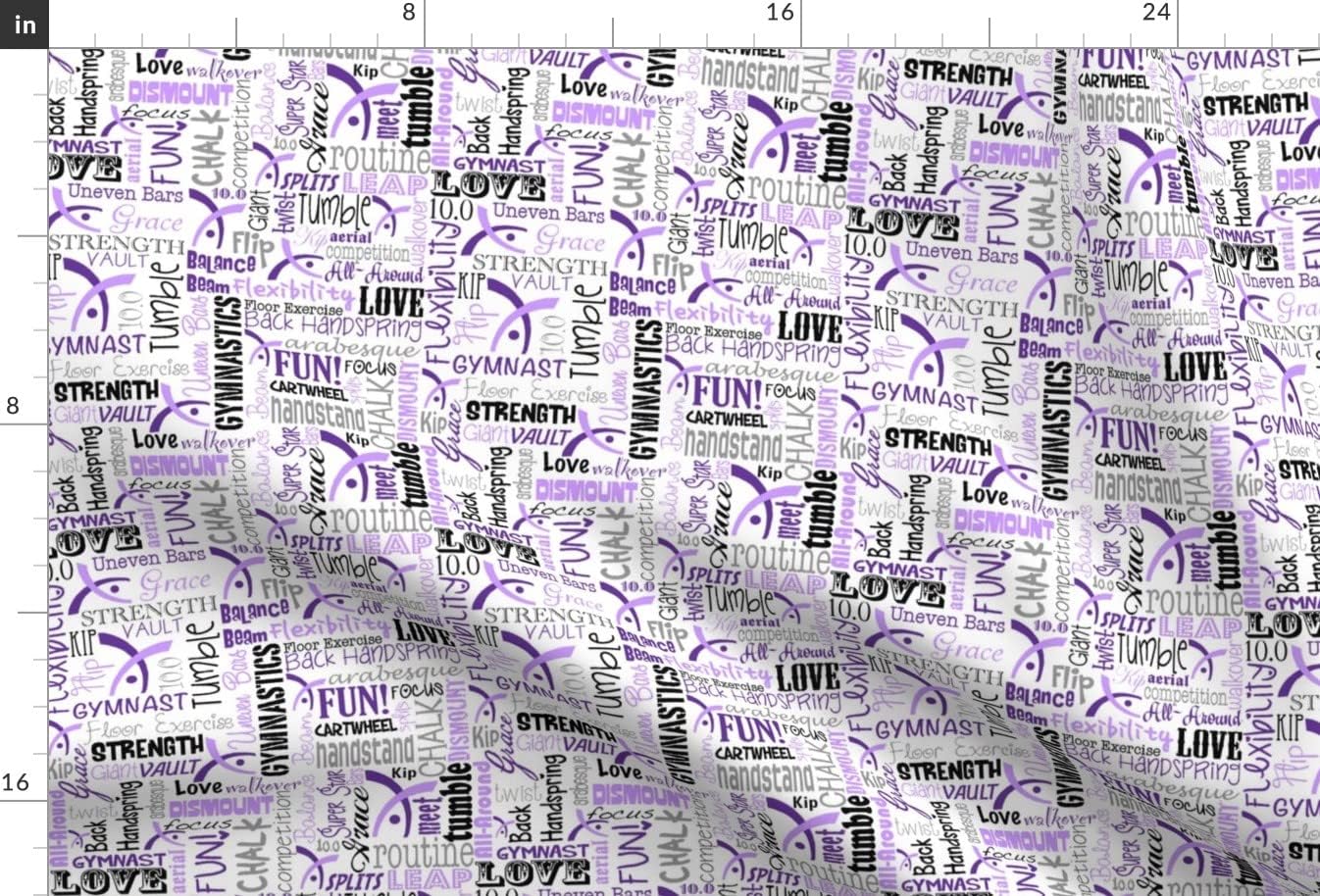 Spoonflower Fabric - Gymnastics, Words, Typography, Purple, Gym, Gymnast, Girls, Sports, Printed on Minky Fabric by The Yard - Sewing Baby Blankets Quilt Backing Plush
