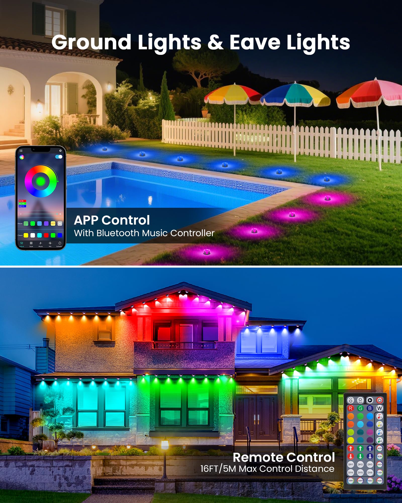Bodenstrahler Außen 45M mit 45LEDs, Bluetooth Bunte Lichterkette Außenleuchten, 5 in 1 Smart RGBCCT LED Bodenleuchte, IP68 Wasserdichte Trauflichter für Allerheiligen Weihnachtsdeko