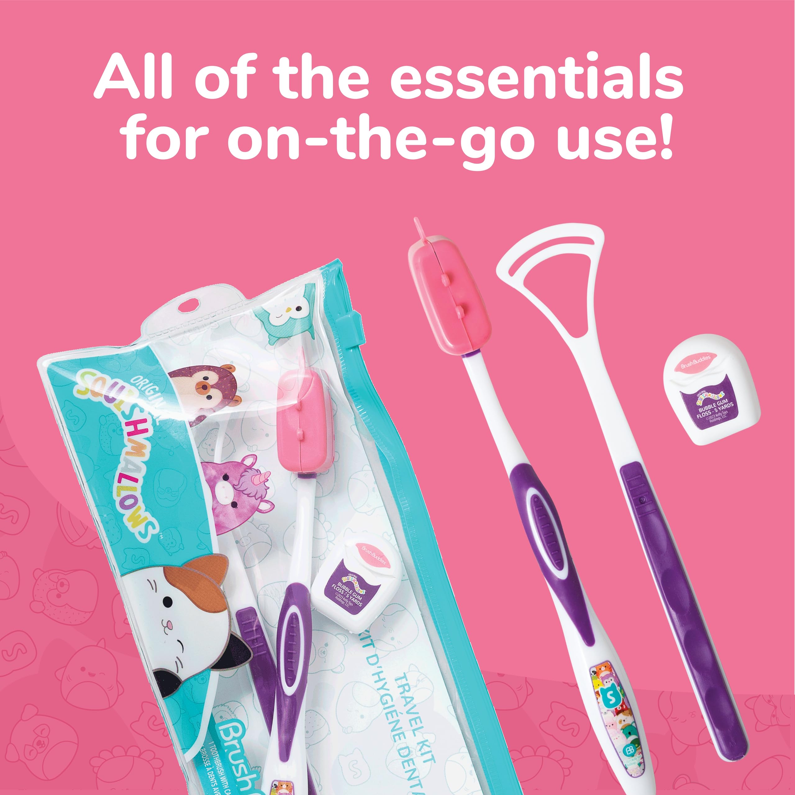 Squishmallows - Kit de viaje para cepillos de dientes, kit dental con cepillo de dientes, raspador de lengua y hilo dental 4