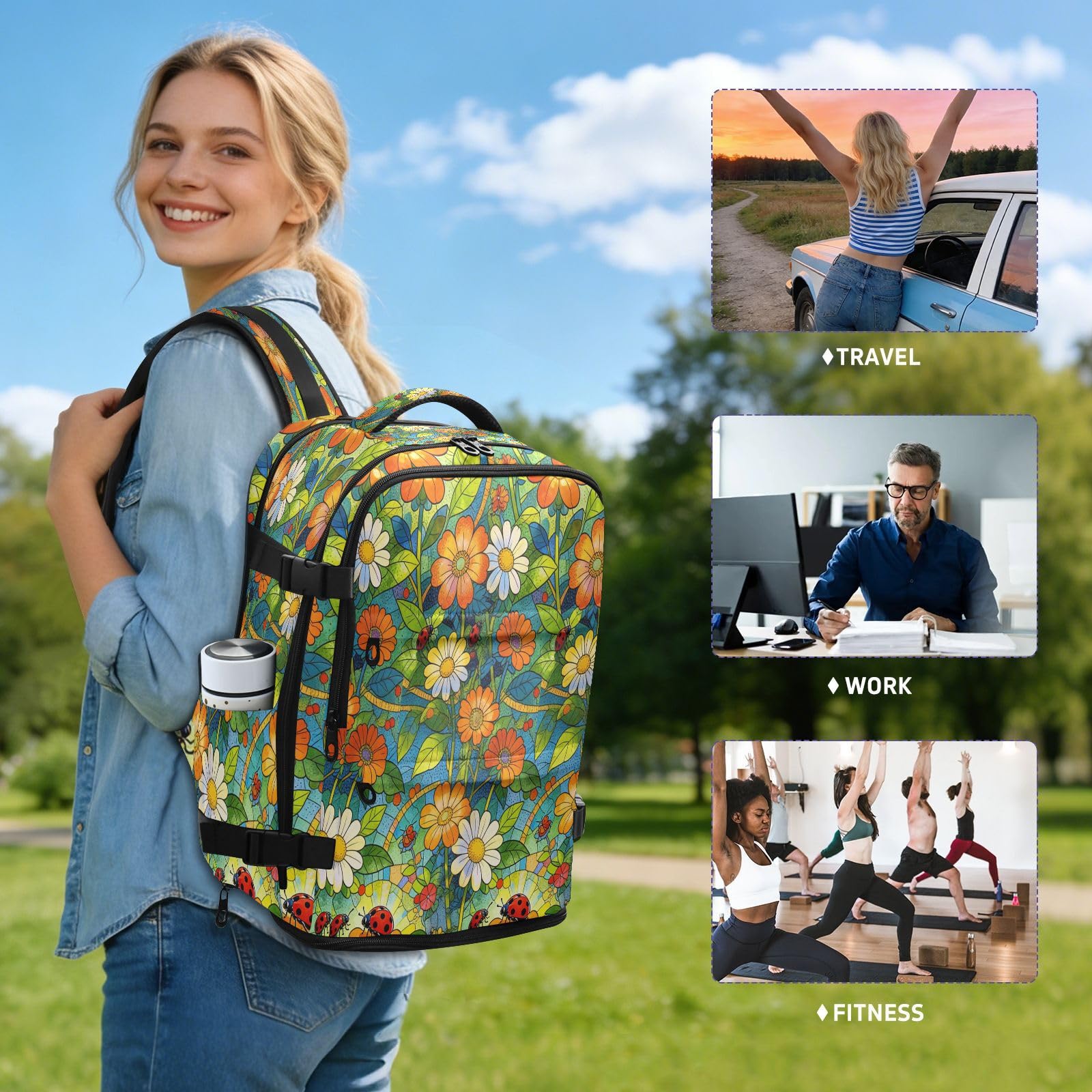 Uroczy plecak torba na laptopa 16 cali do samolotów 20 l | Czysty design torba podróżna na laptopa Flora biedronki kolorowe stokrotki torba na laptopa 15,6 cala do szkoły mochila para
