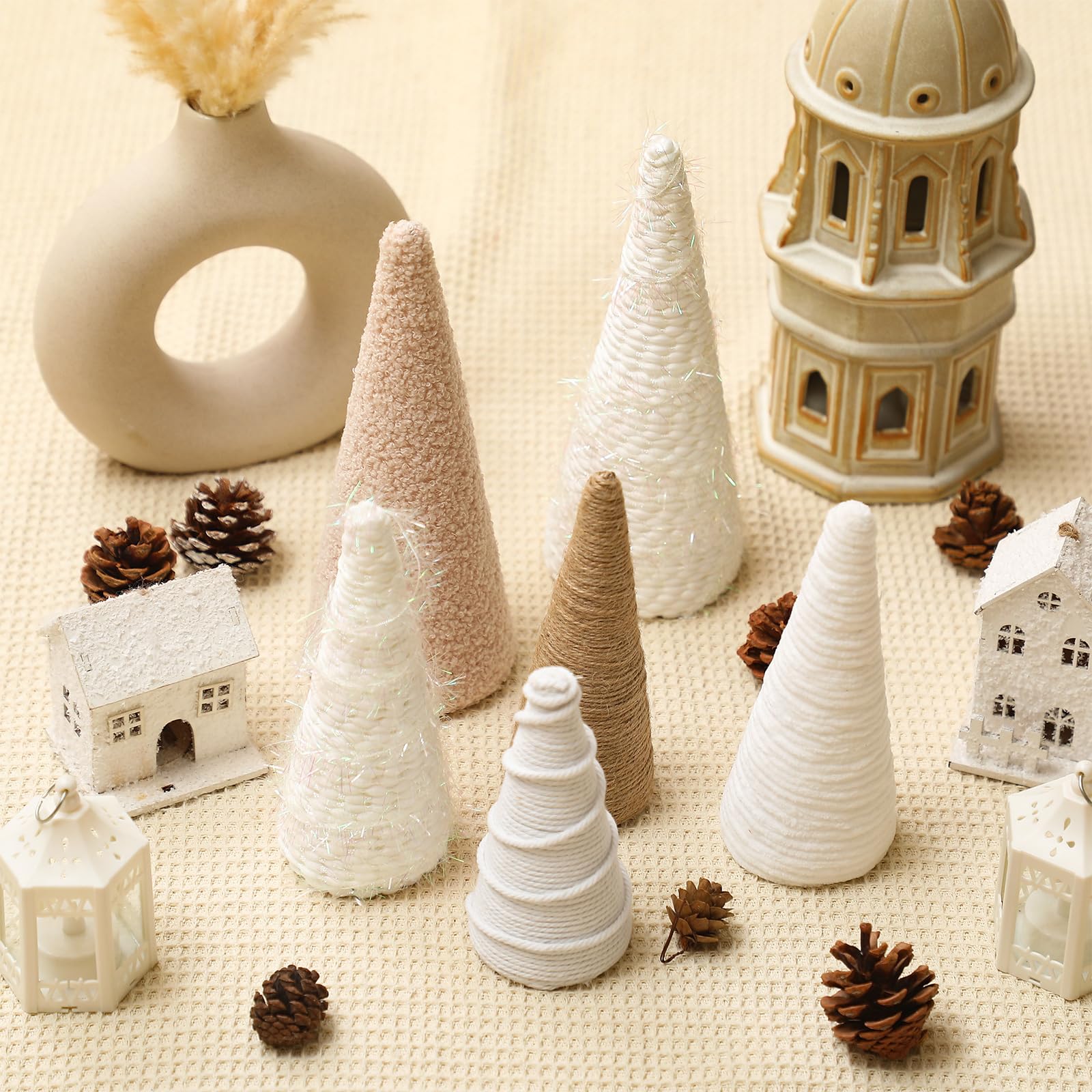 6 árboles de hilo de Navidad de 8 pulgadas, 7 pulgadas, 5 pulgadas, decoración de mesa de Navidad, árbol decorativo de Navidad bohemio para centro de mesa o decoración de repisa