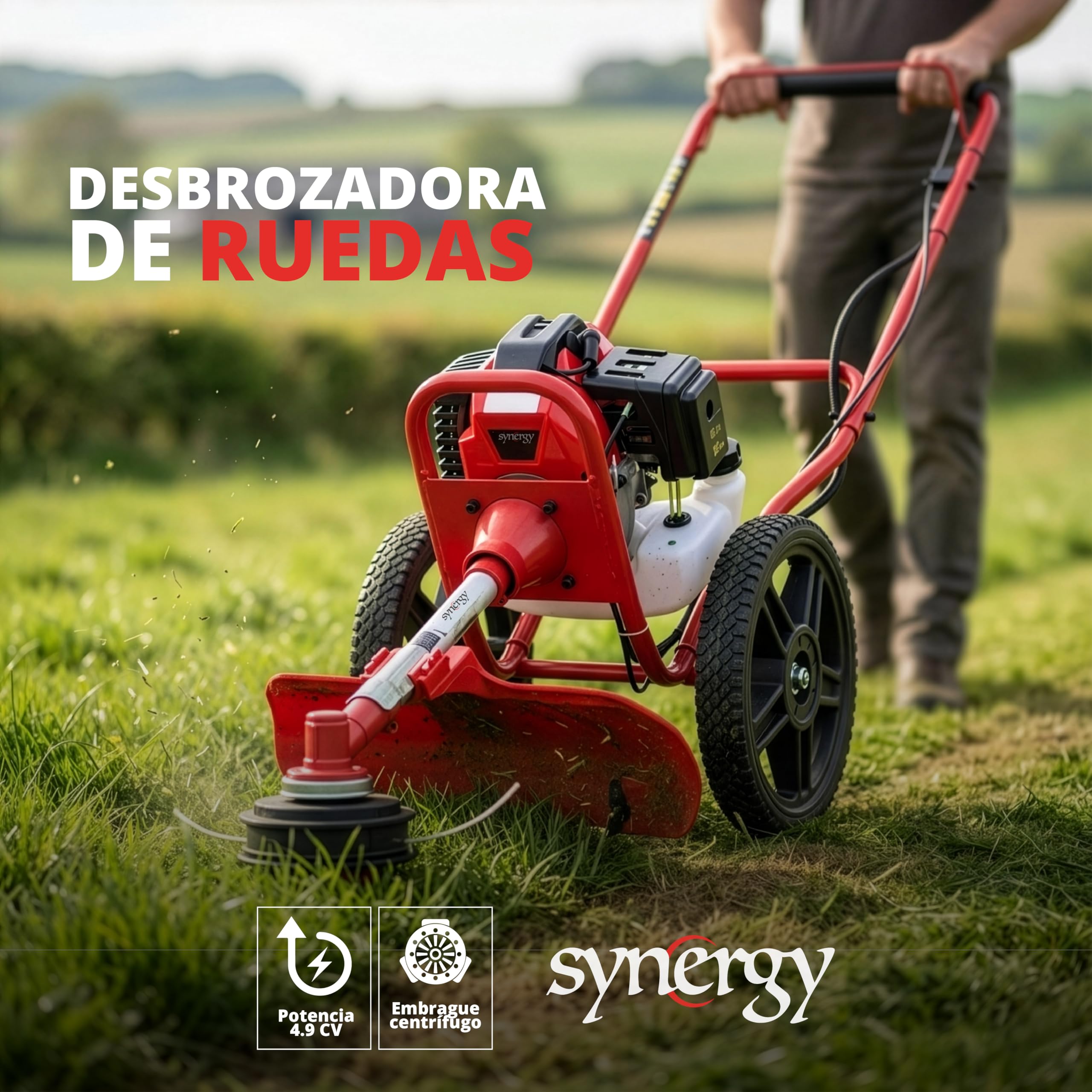 Synergy Desbrozadora de Ruedas Gasolina 52cc 2CV – Motor 2 Tiempos – Modelo Pro Wheels – Cabezal de Hilo y Cabezal de Corte para maleza