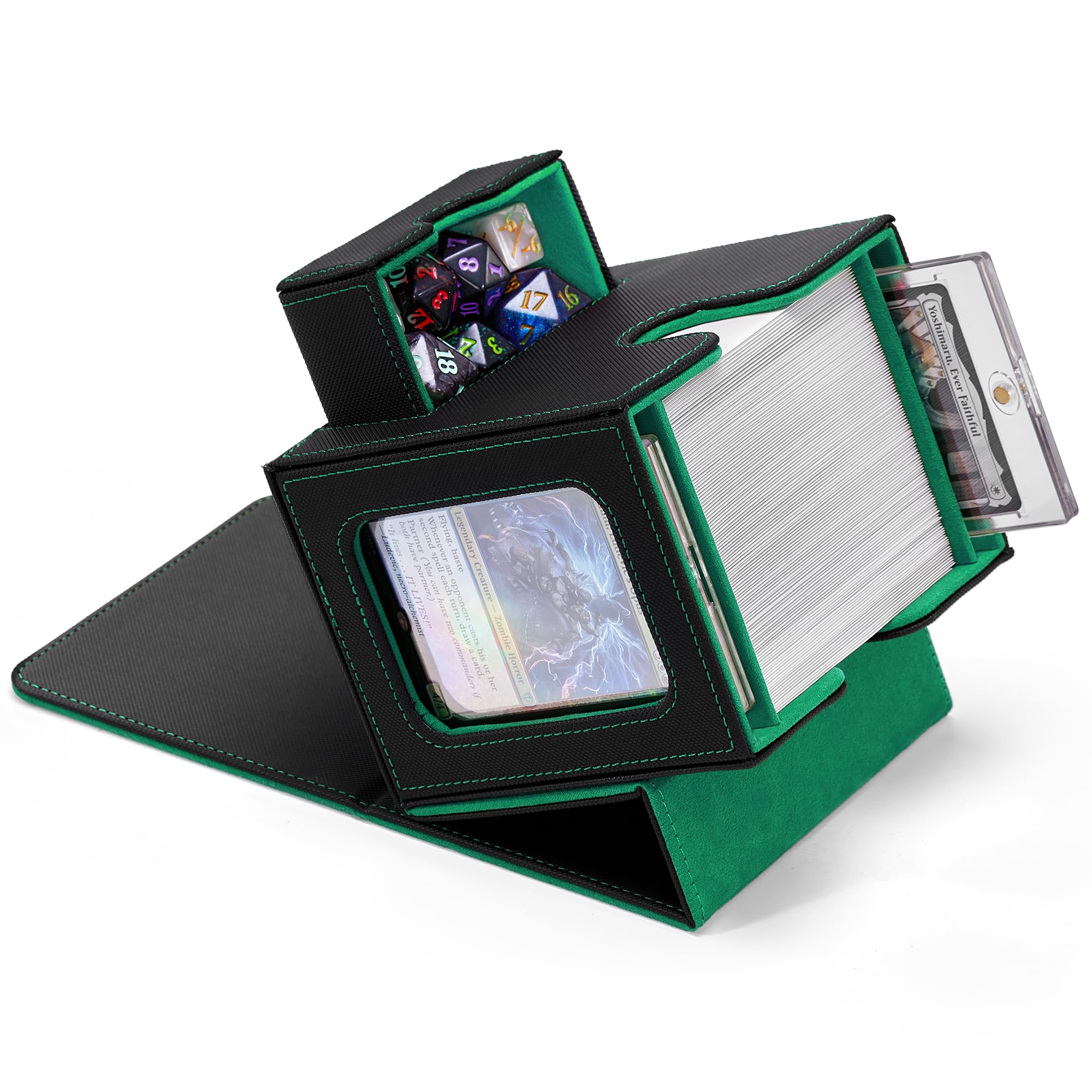 Zettokete MTG Commander Deck Box – Patented Design with Dual Display Windows, Fits 100 Double-Sleeved Cards, Includes Dice Tray, 2 Dividers & 2×35PT