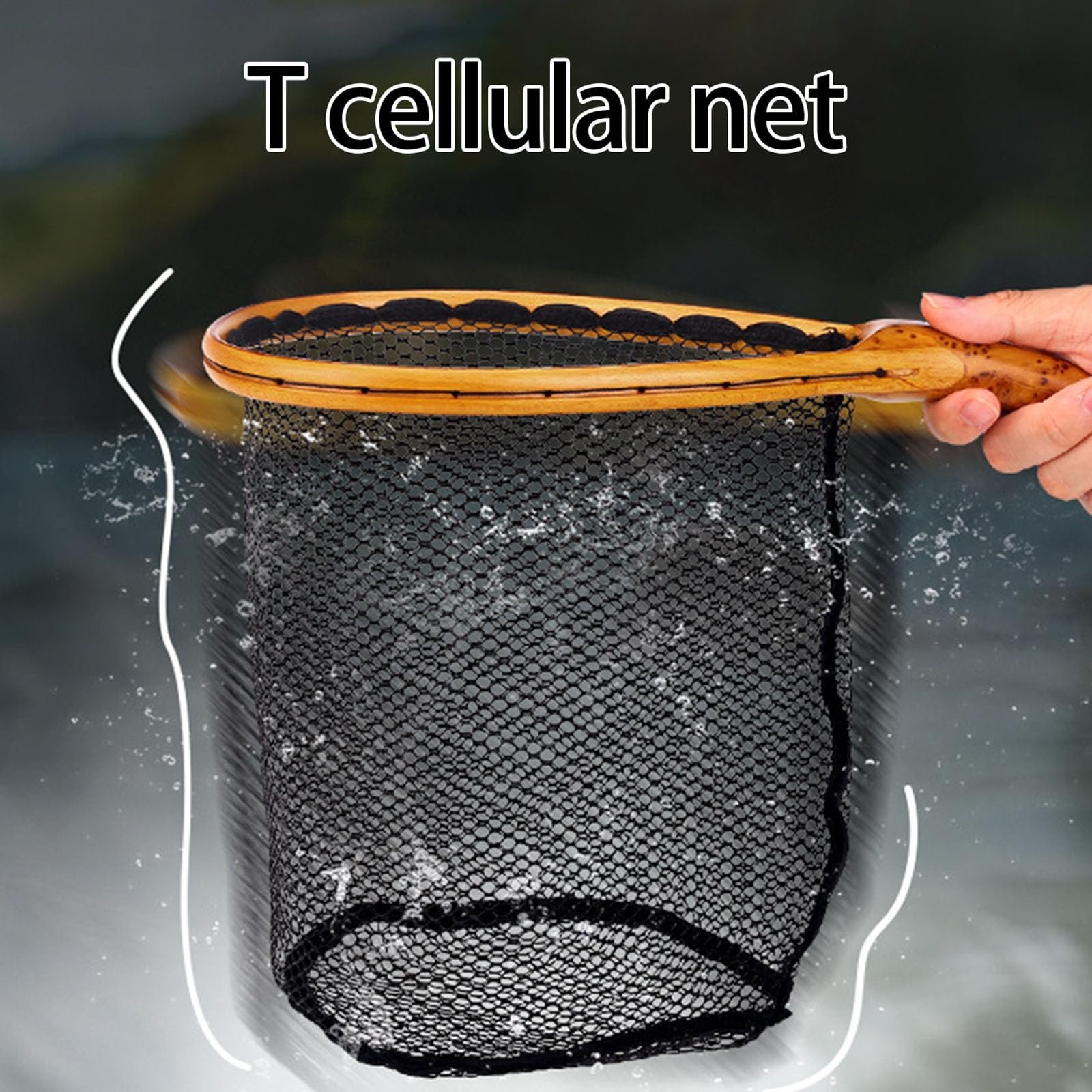 Retino da pesca curvo con manico in legno, design a maglie che protegge i pesci, compatta rete da pesca per pescatori, flussi, pesca