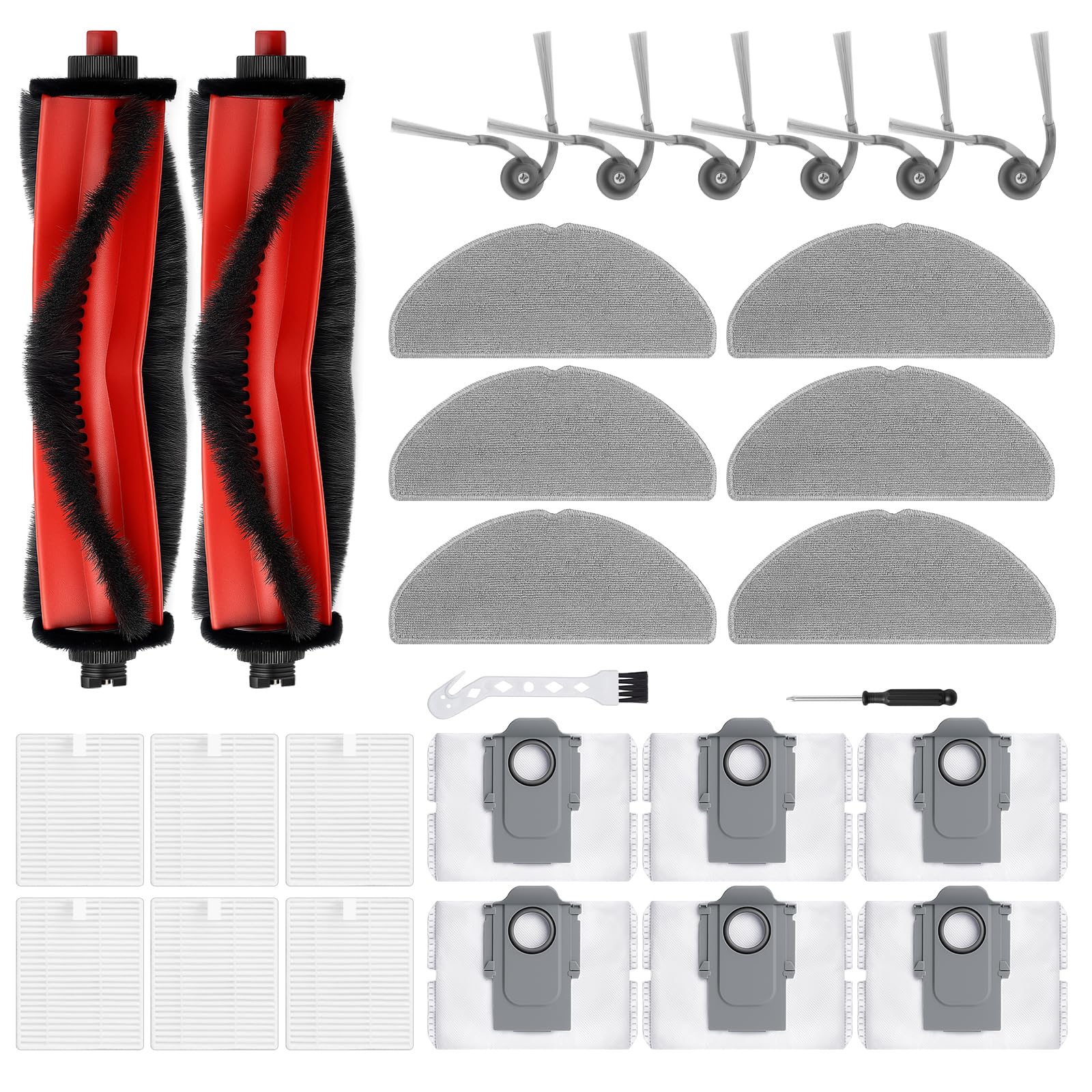 BUXEBUX 28 Stück Zubehör für Roborock Q7 L5+, Q7 M5 Saugroboter Ersatzteile, 2 Hauptbürsten, 6 HEPA-Filter, 6 Wischpads, 6 Seitenbürsten, 6 Staubbeutel, 1 Schraubendreher, 1 Sauberes Werkzeug