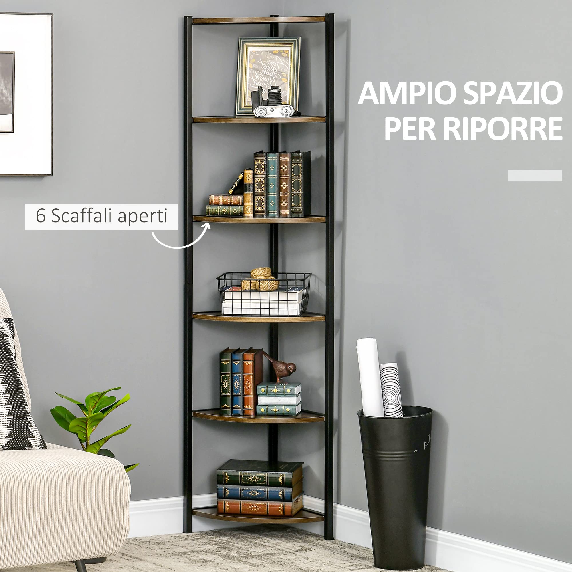 HOMCOM Libreria Moderna Angolare 6 Ripiani in Metallo e MDF 34x34x166cm | Mobile Libreria a Parete, per Salotto e Studio