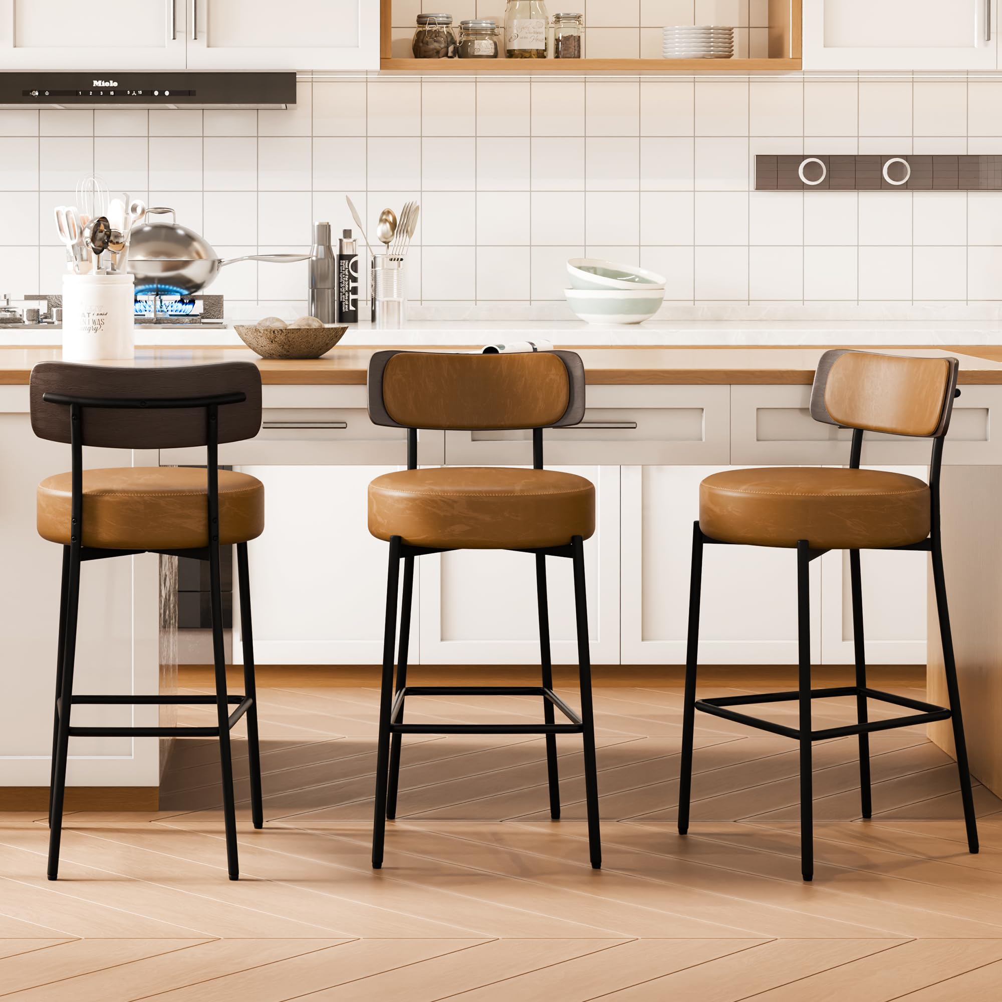 DYHOME Counter Height Bar Stools Set of 3-24 Inches Faux Leather Barstools with Bentwood Back, Modern Kitchen Island Chairs for Breakfast Bar, Metal