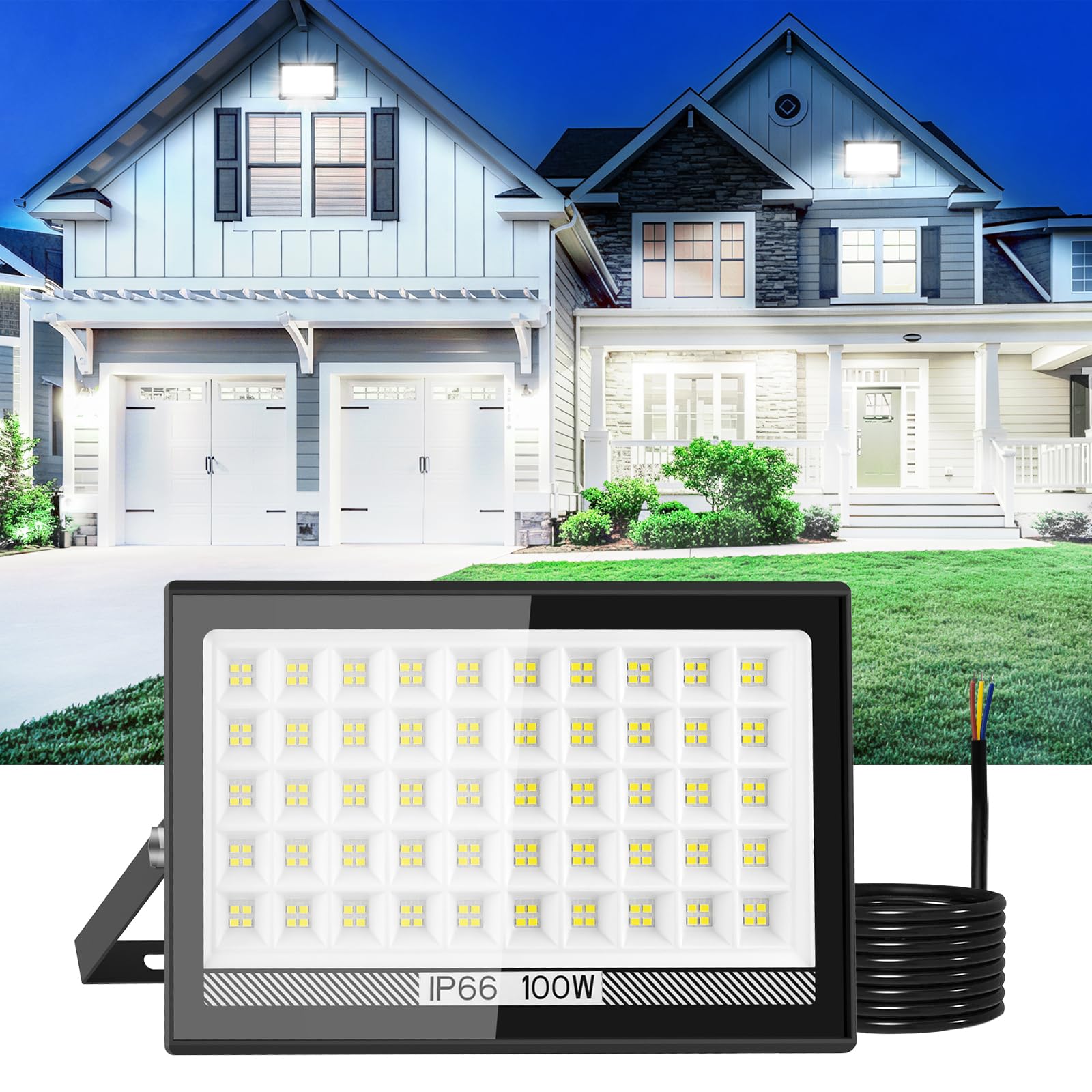 T-SUN 100W LED Strahler Außen, 10000LM Superhell Scheinwerfer Flutlicht, IP66 Wasserdicht Scheinwerfer, 200 LEDs Fluter für Garten, Sportplatz, Werkstatt, Hof, Sportplatz, Terrassen, 6000K Kaltweiß