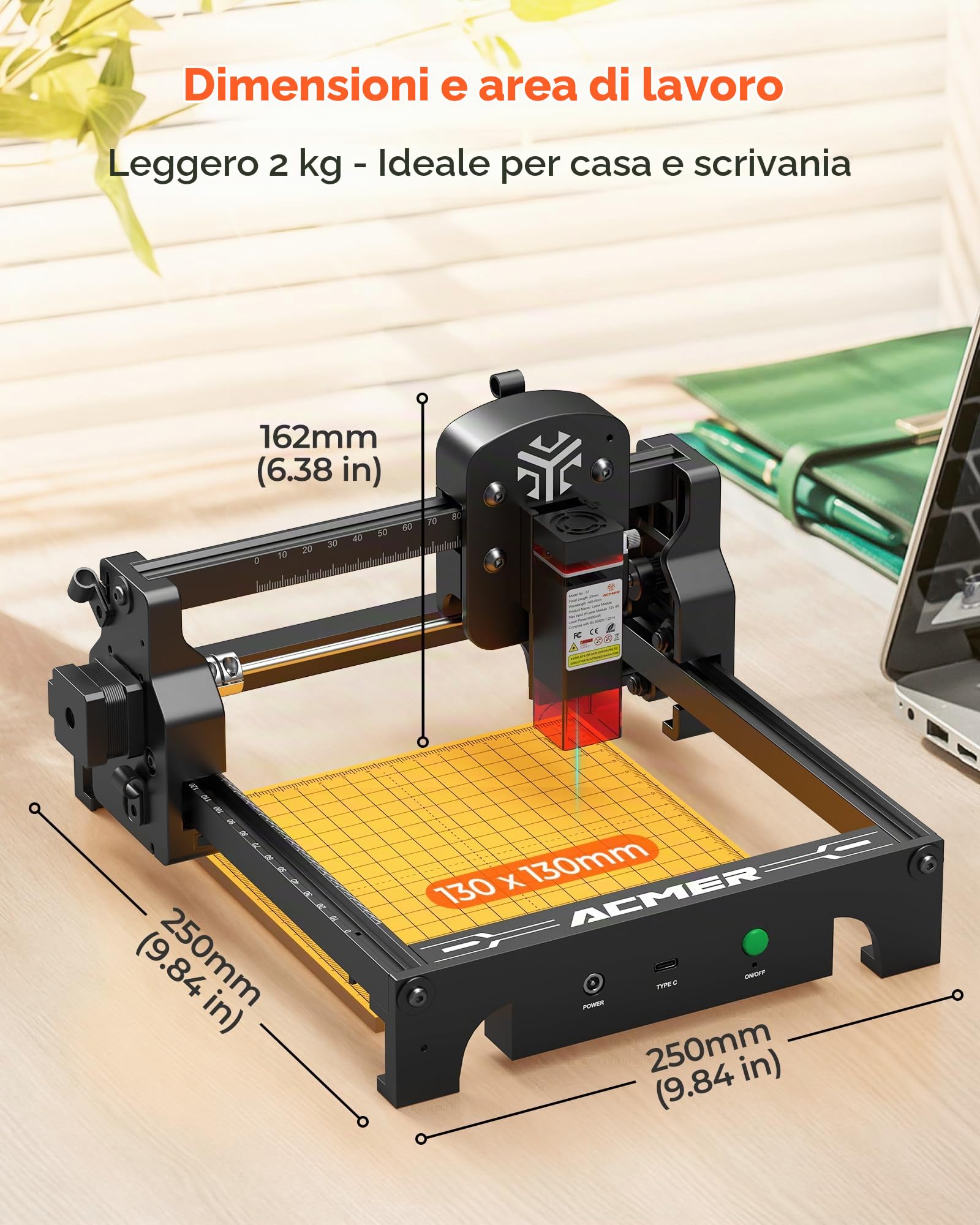 Acmer T1 Macchina per incisioni laser 2.5W, Mini incisore laser portatile, Laserschneider ad alta precisione di 0,01 mm, Area di lavoro 130 X 130 mm, Laser Cutter per legno, pelle, vetro, metallo e