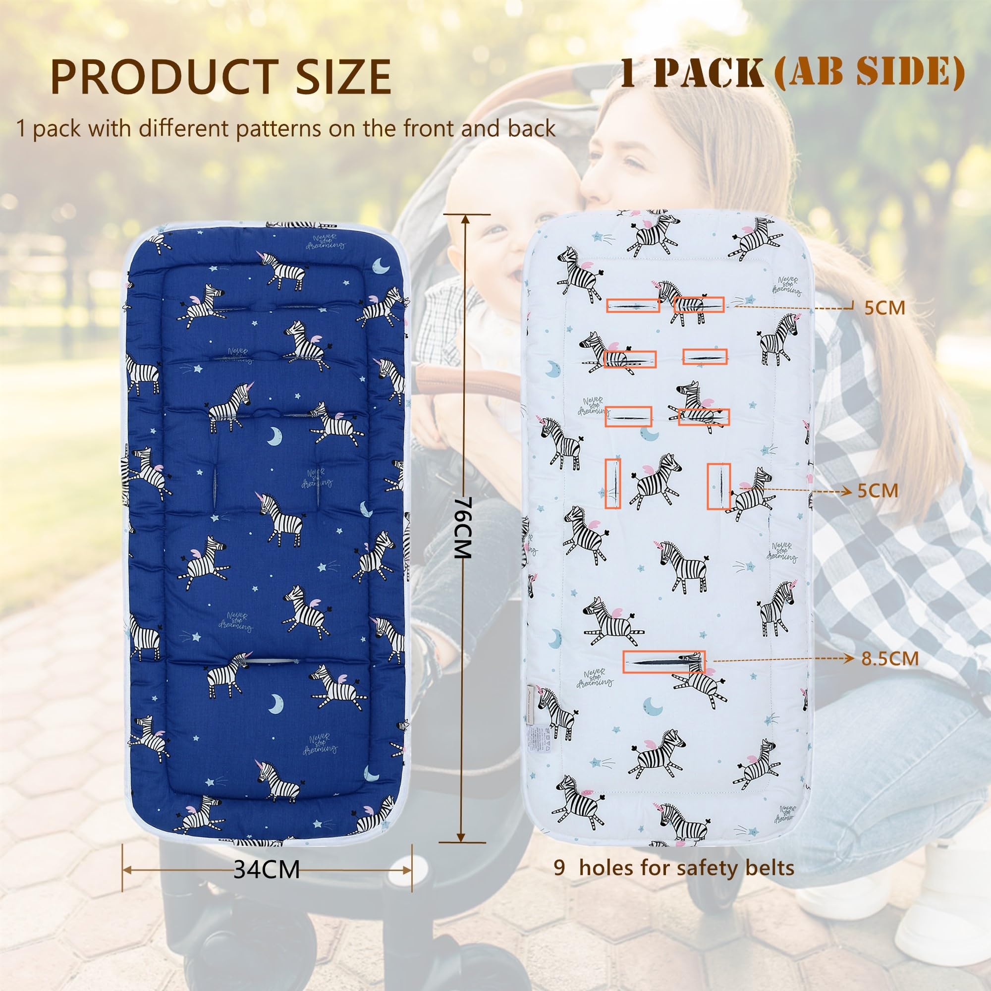 Baby Pushchair Seat Liners,Pram Liner Universal Fit for Most Pushchairs,100% Cotton Double-Sided Baby Stroller Cushion Pad,Stroller Seat Cover for Toddler Infant 1 Pack,78x34cm(Navy Blue+White Zebra) - Image 2