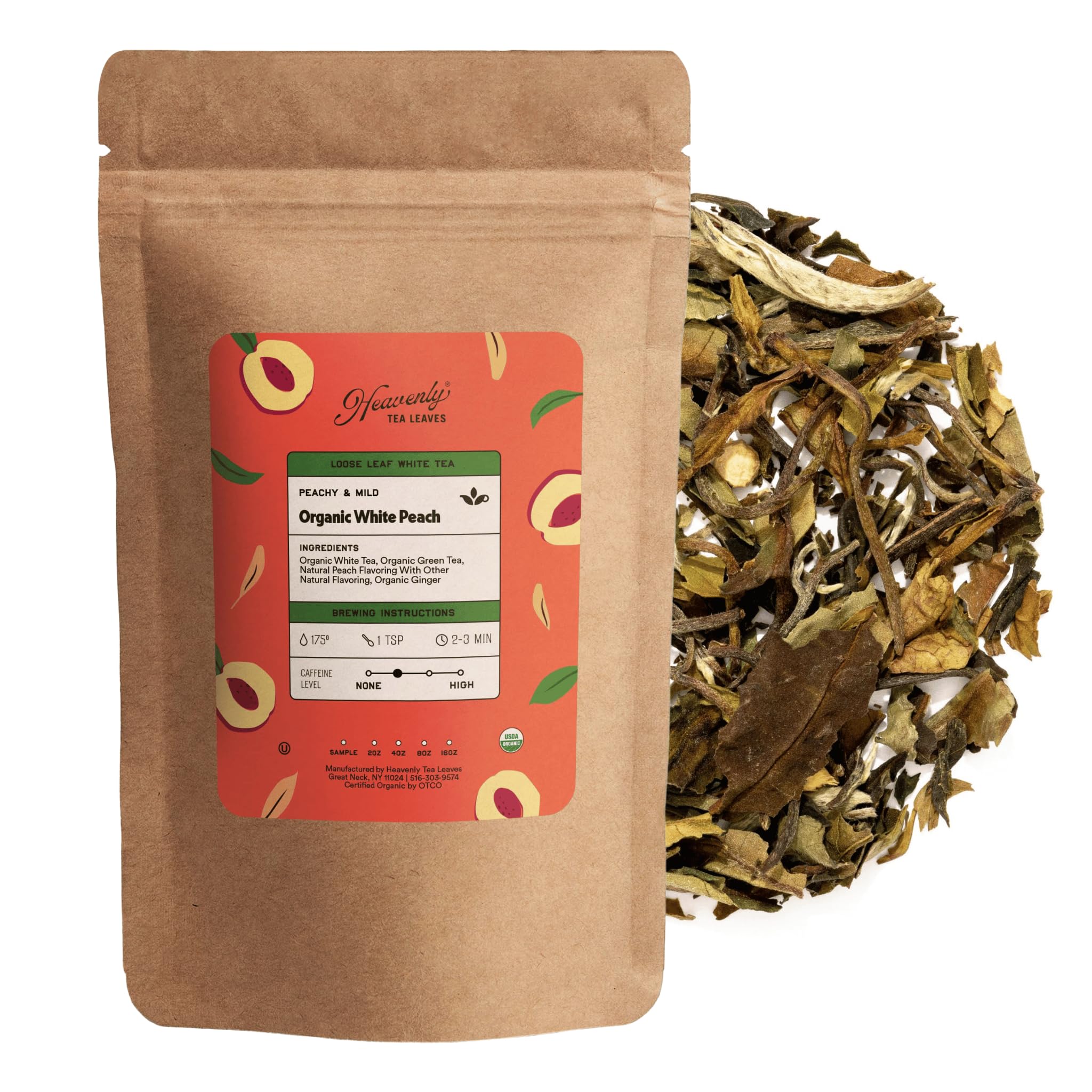 Heavenly Tea Leaves Organic White Peach, Loose Leaf White Tea, 4 Oz